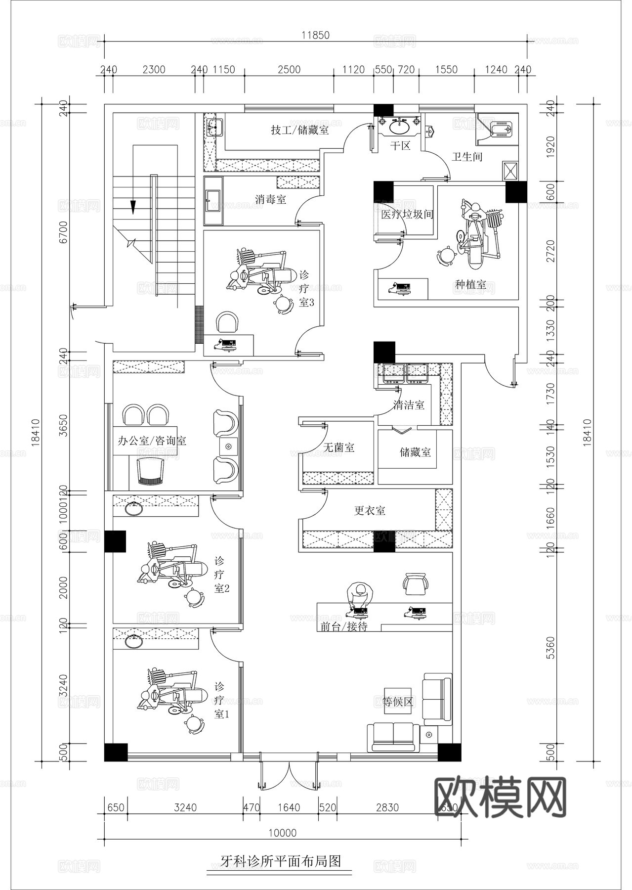 现代牙科诊所平面方案图cad施工图