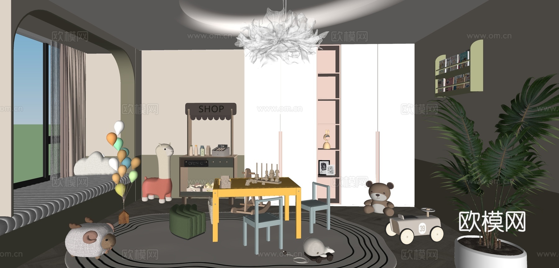 现代儿童娱乐室 毛绒玩具 儿童娱乐器材 儿童玩具房 儿童房su模型
