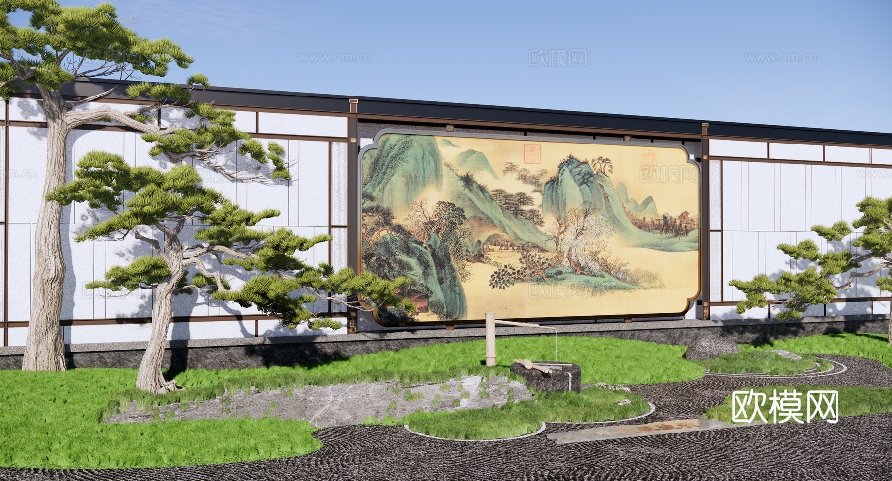 新中式 景墙 山水景墙 禅意庭园景墙 对景景墙 夹绢景墙su模型
