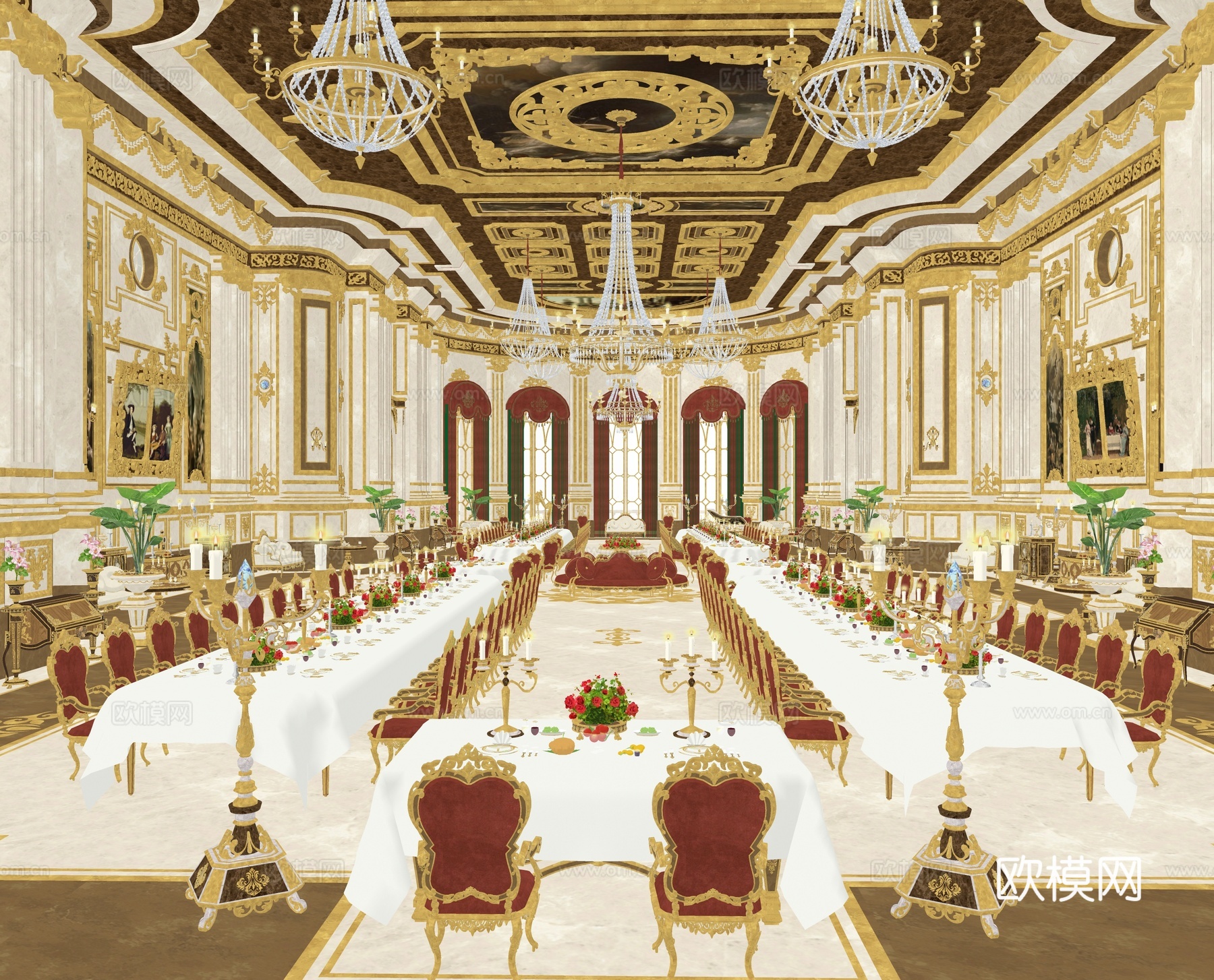 欧式宴会厅 婚礼酒宴厅 酒店餐饮大堂su模型