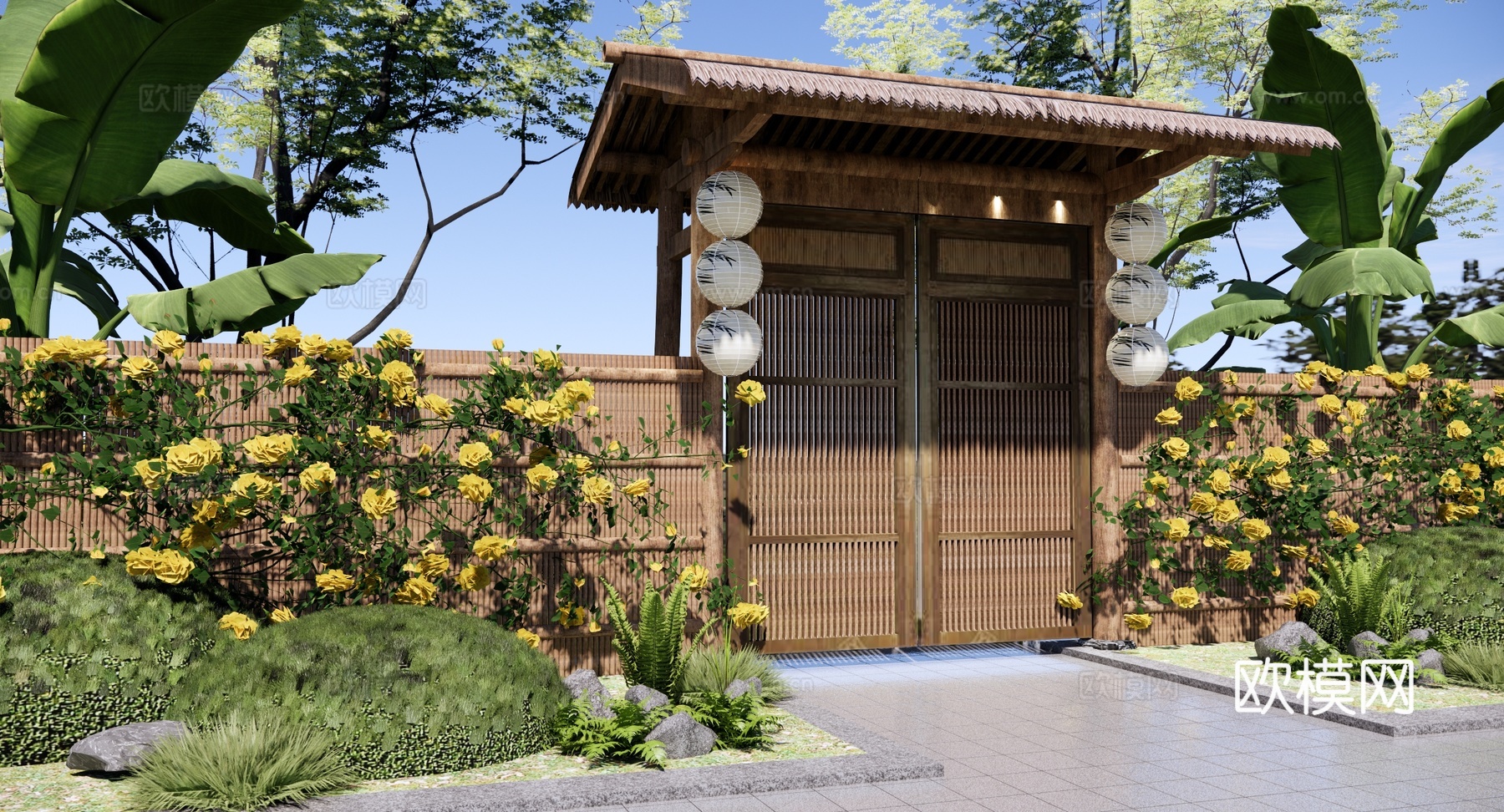 新中式 大门 乡村庭院门 院门围墙 小柴门 民宿小院门 竹篱su模型