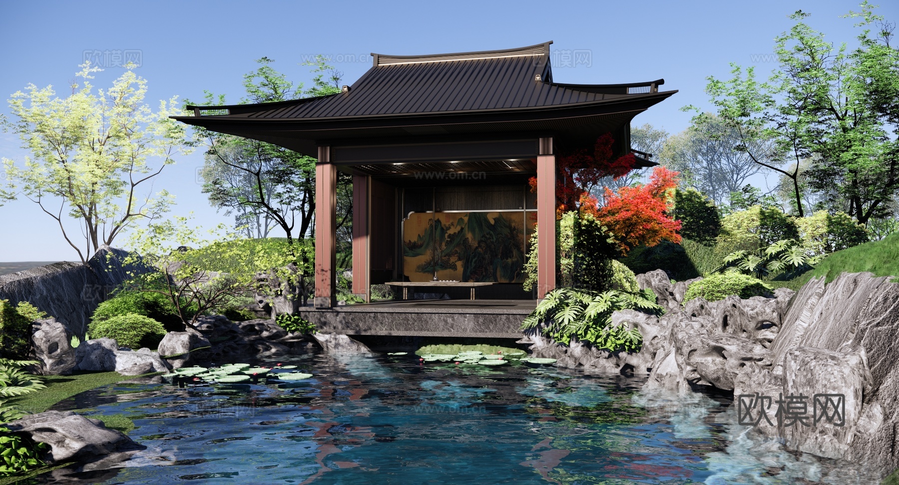 中式 庭院 园林庭园花园 假山跌水 太湖石 庭园廊架 廊亭水su模型