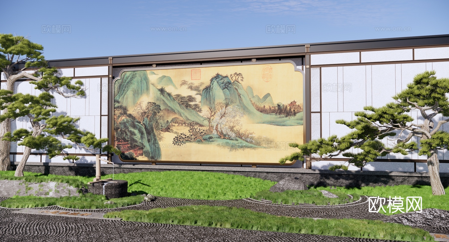 新中式 景墙 山水景墙 禅意庭园景墙 对景景墙 夹绢景墙su模型