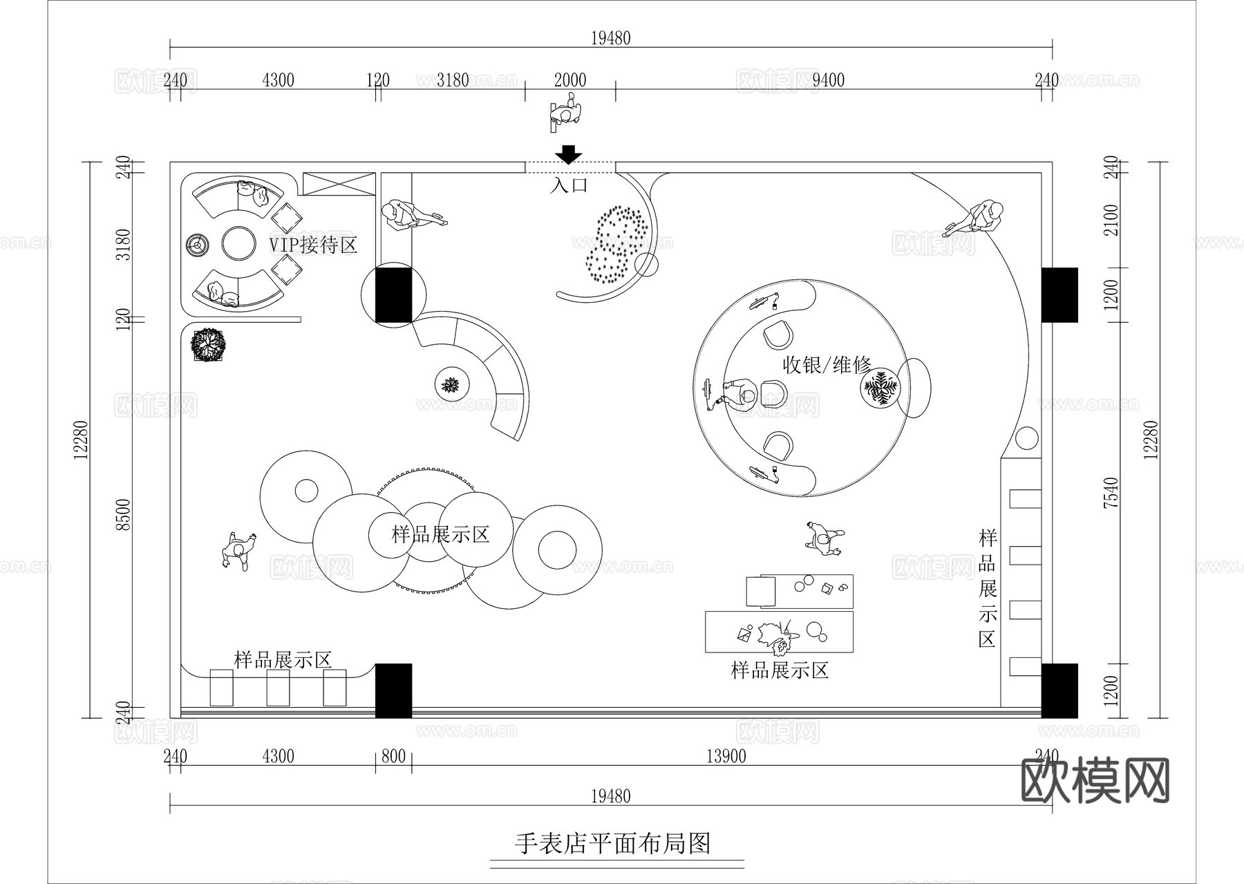 现代手表店平面方案图cad施工图