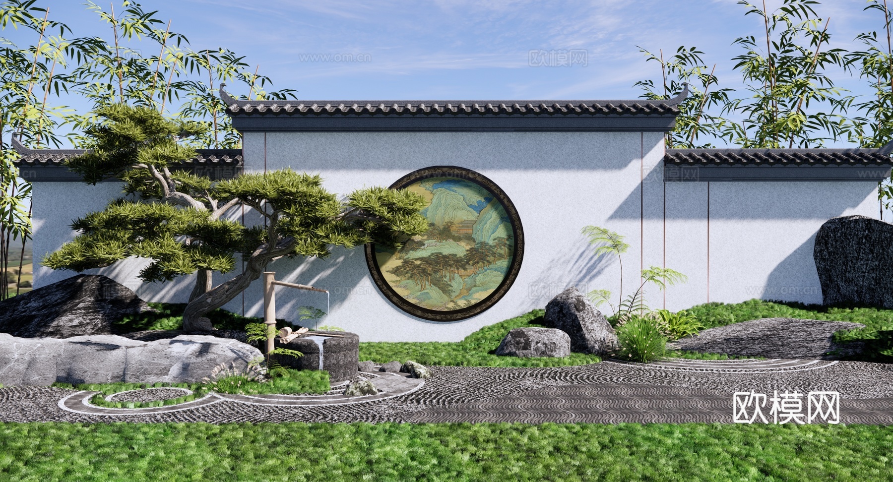 新中式 景墙 禅意庭园景墙 对景景墙 夹绢景墙 景石 迎客松su模型