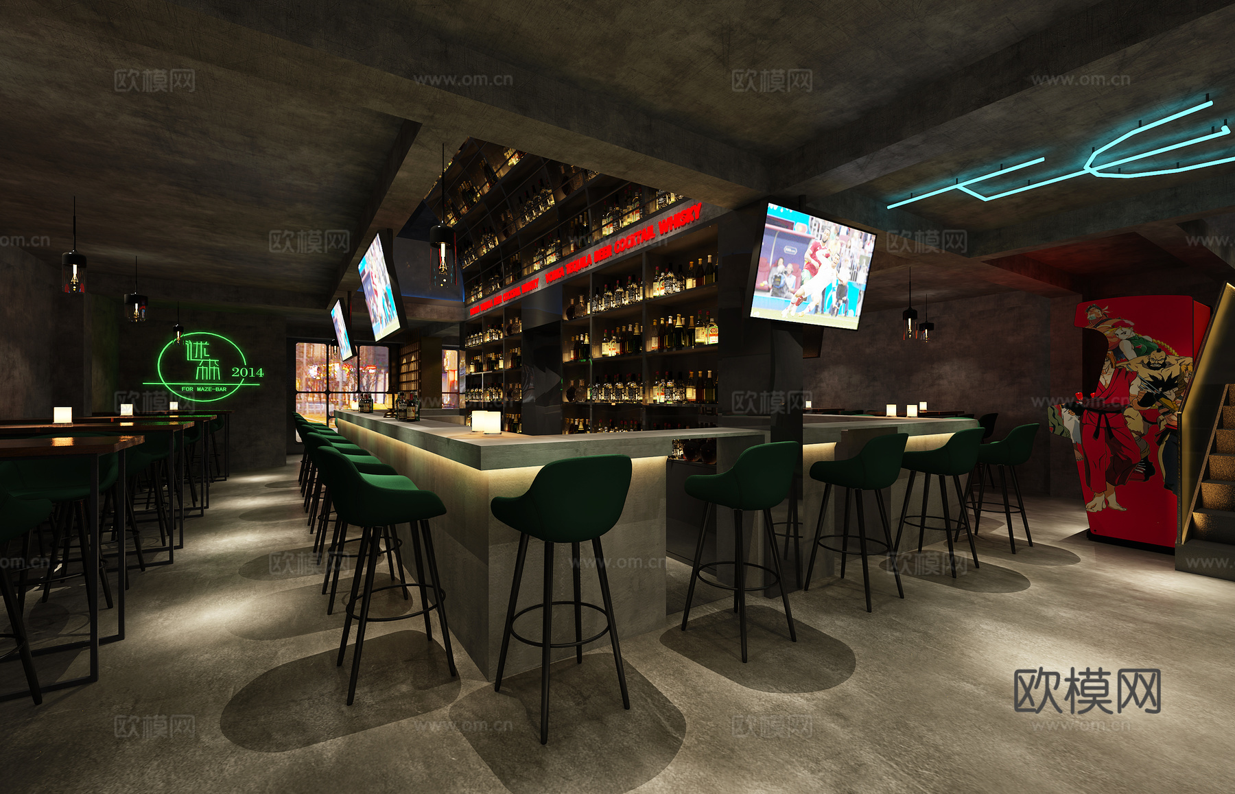 工业风现代酒吧清吧门头霓虹灯游戏机3d模型