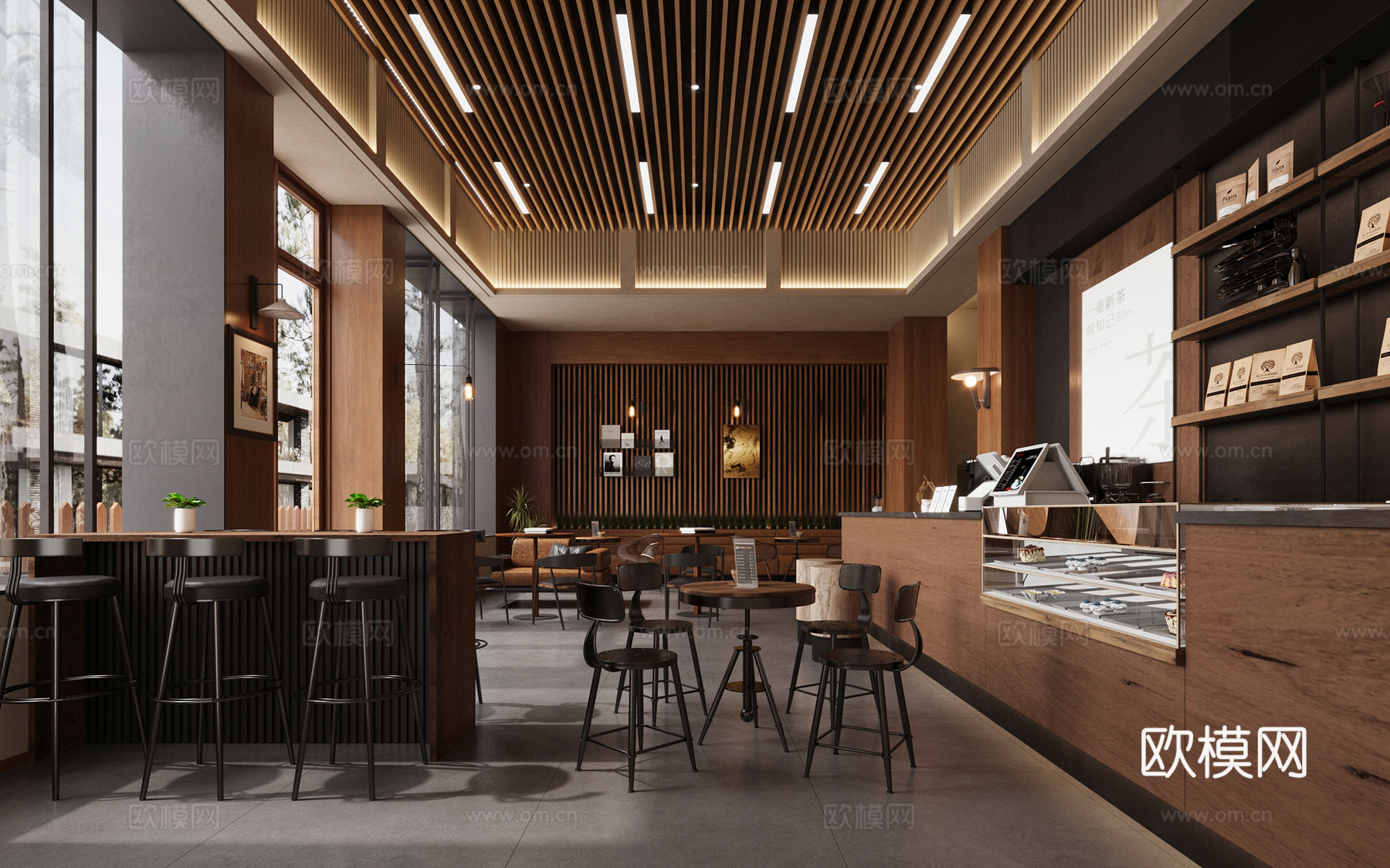 原木咖啡厅 咖啡桌椅 奶茶店 咖啡店操作台 收银前台 咖啡店3d模型