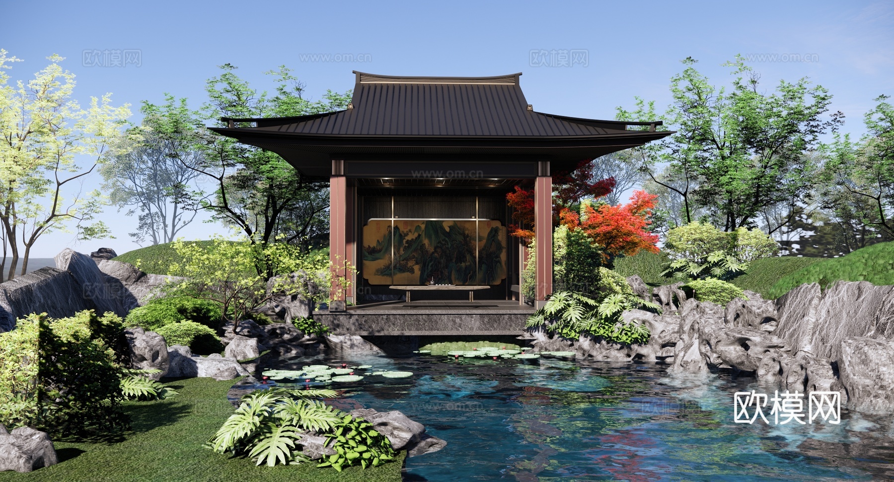 中式 庭院 园林庭园花园 假山跌水 太湖石 庭园廊架 廊亭水su模型