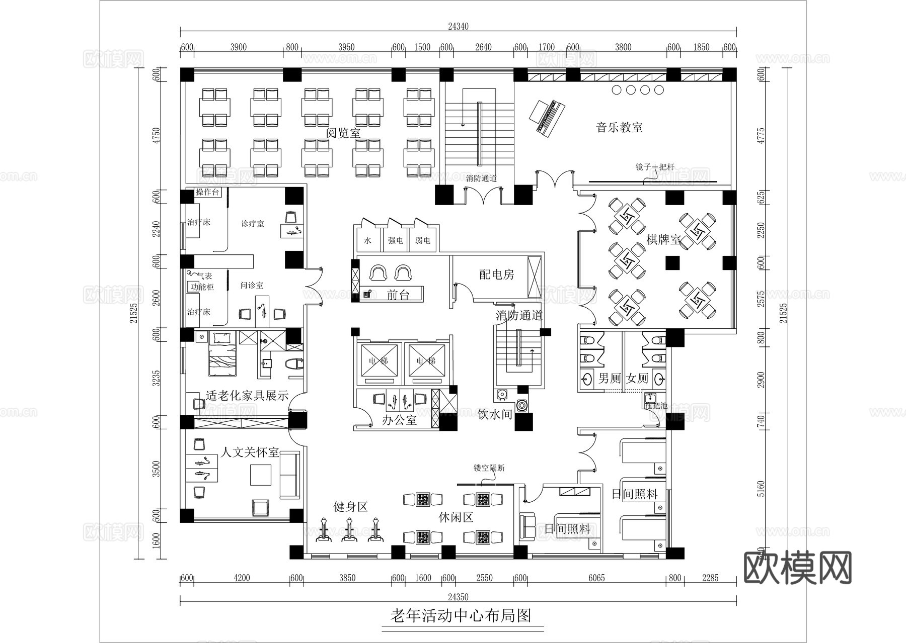 现代极简老年活动中心平面方案图cad施工图