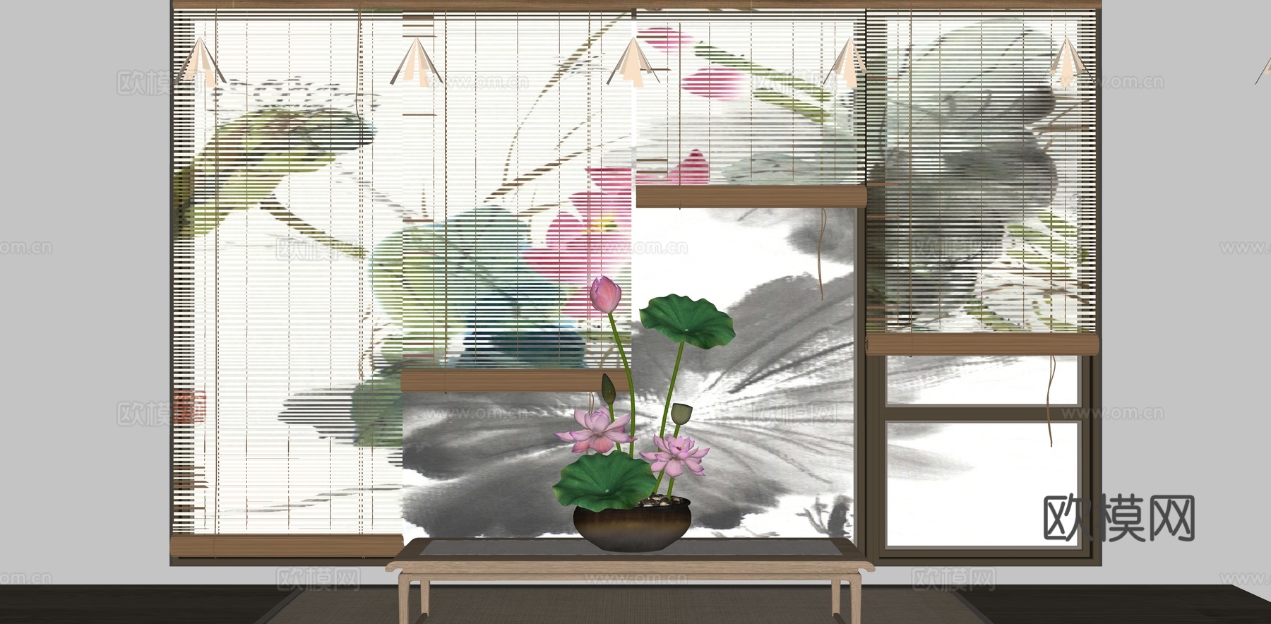 新中式 百叶窗 卷帘 水墨画窗帘 遮光帘 荷花背景百叶帘su模型
