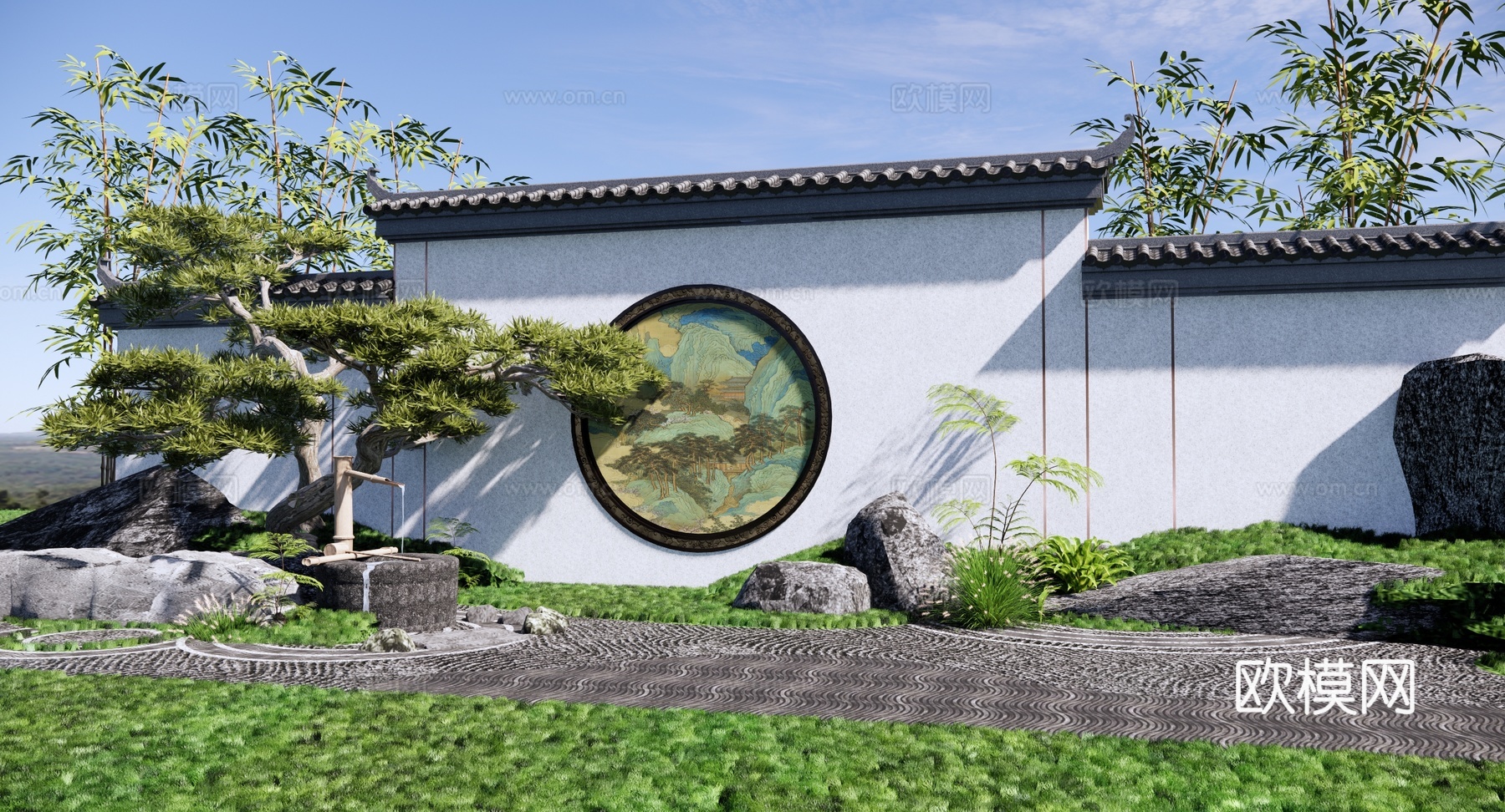 新中式 景墙 禅意庭园景墙 对景景墙 夹绢景墙 景石 迎客松su模型