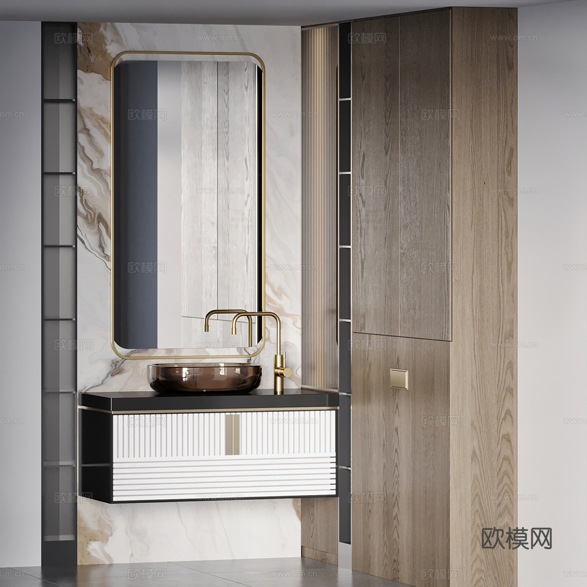 新中式轻奢浴室柜 台盆柜3d模型下载（渲染图2）