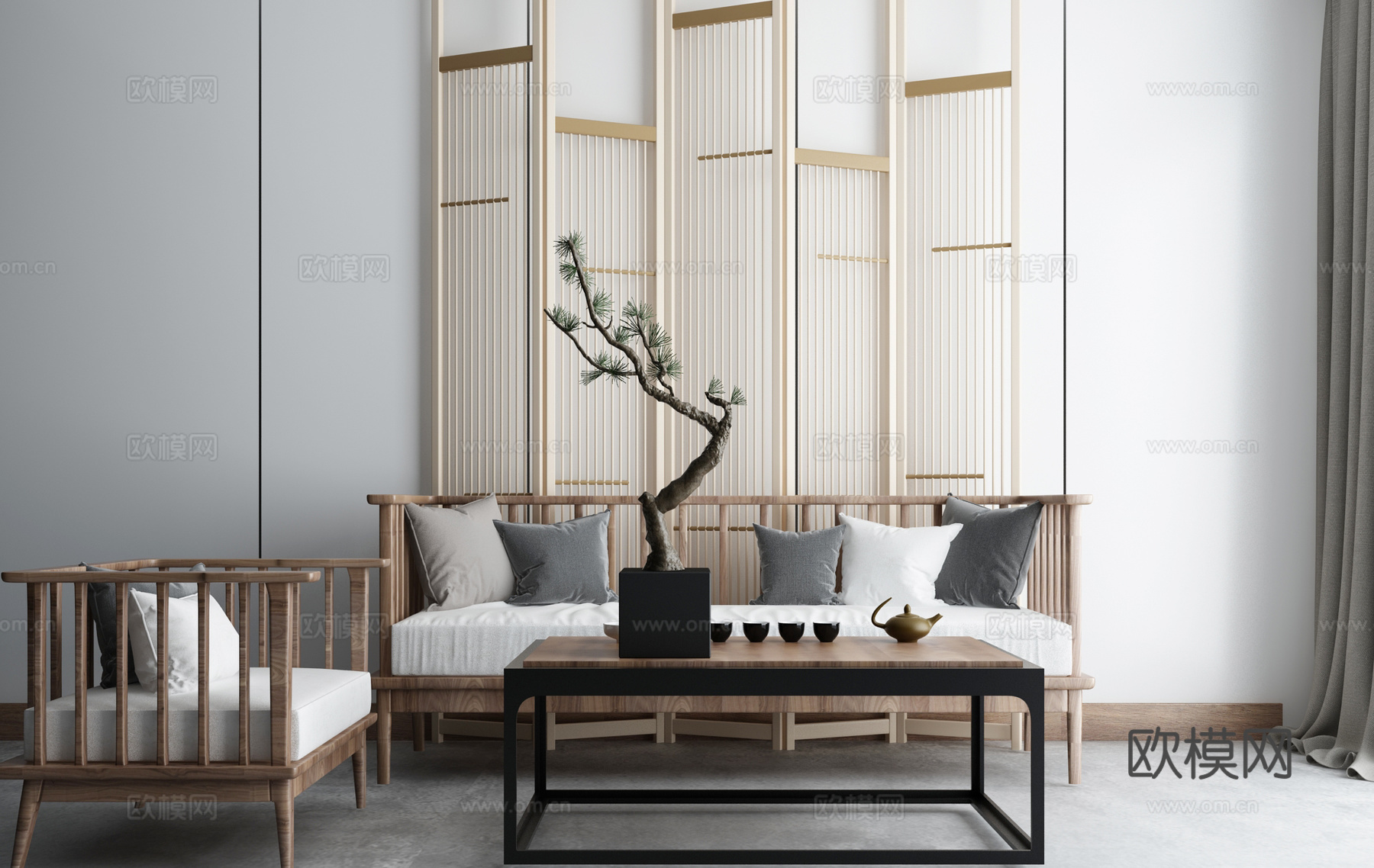 新中式沙发茶几组合3d模型下载（渲染图2）