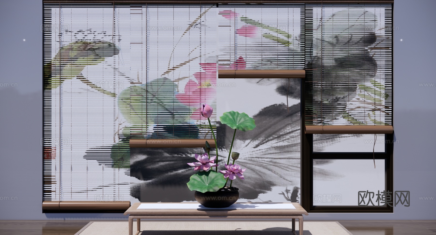 新中式 百叶窗 卷帘 水墨画窗帘 遮光帘 荷花背景百叶帘su模型
