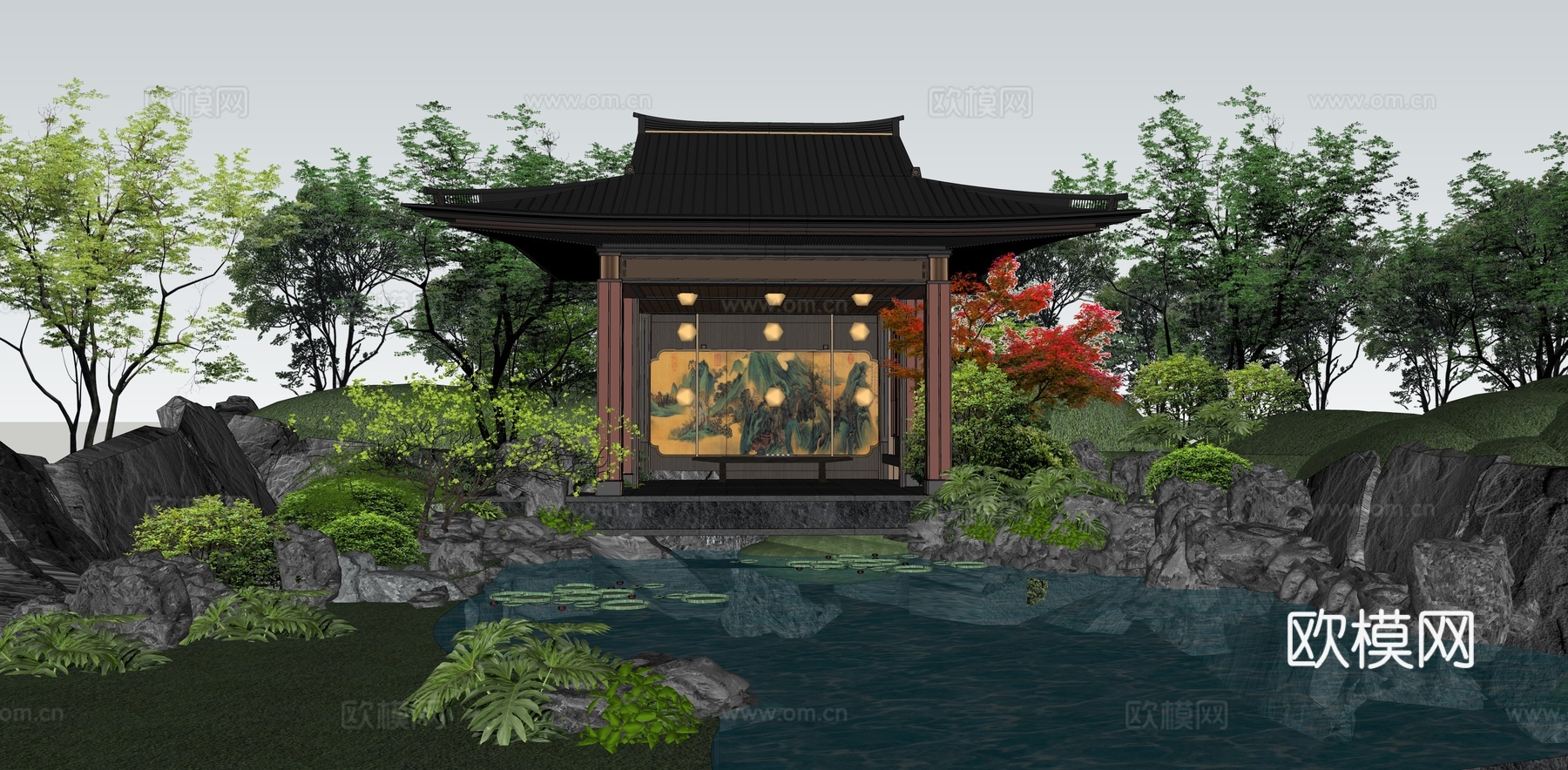 中式 庭院 园林庭园花园 假山跌水 太湖石 庭园廊架 廊亭水su模型