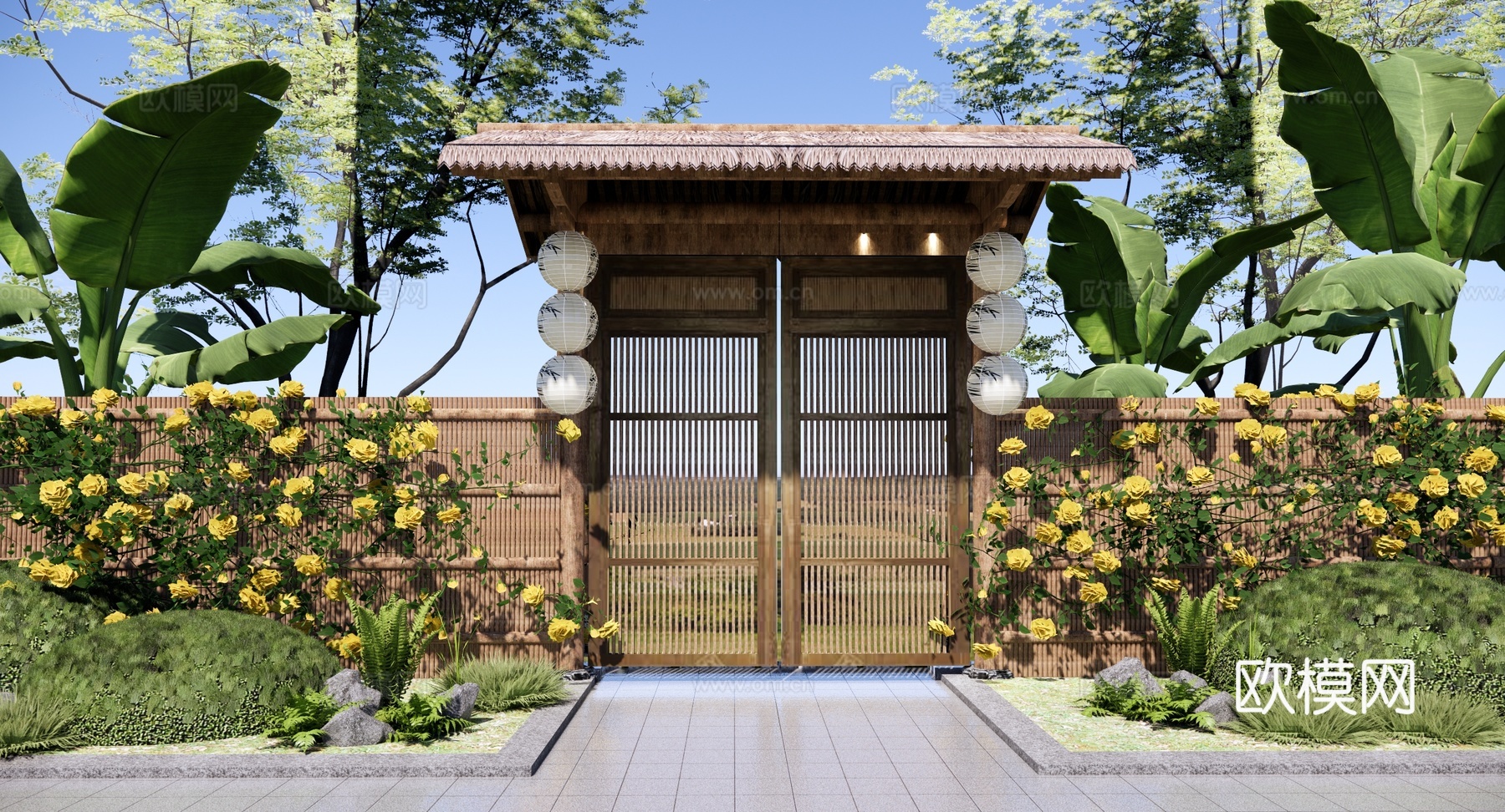 新中式 大门 乡村庭院门 院门围墙 小柴门 民宿小院门 竹篱su模型