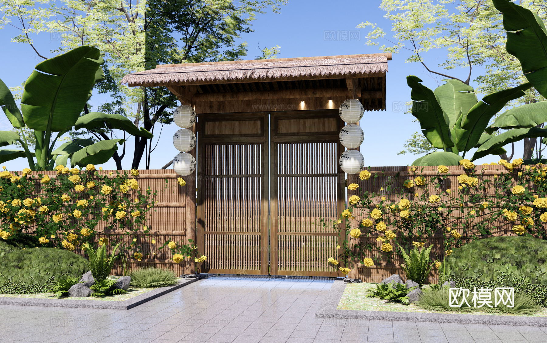新中式 大门 乡村庭院门 院门围墙 小柴门 民宿小院门 竹篱su模型