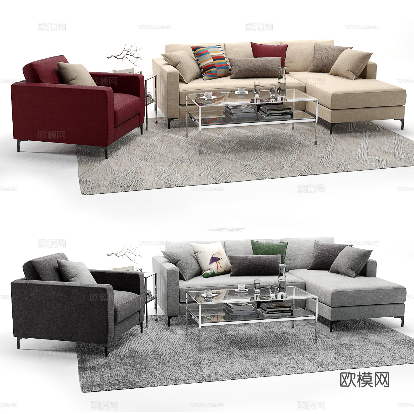 现代布艺转角沙发茶几组合3d模型