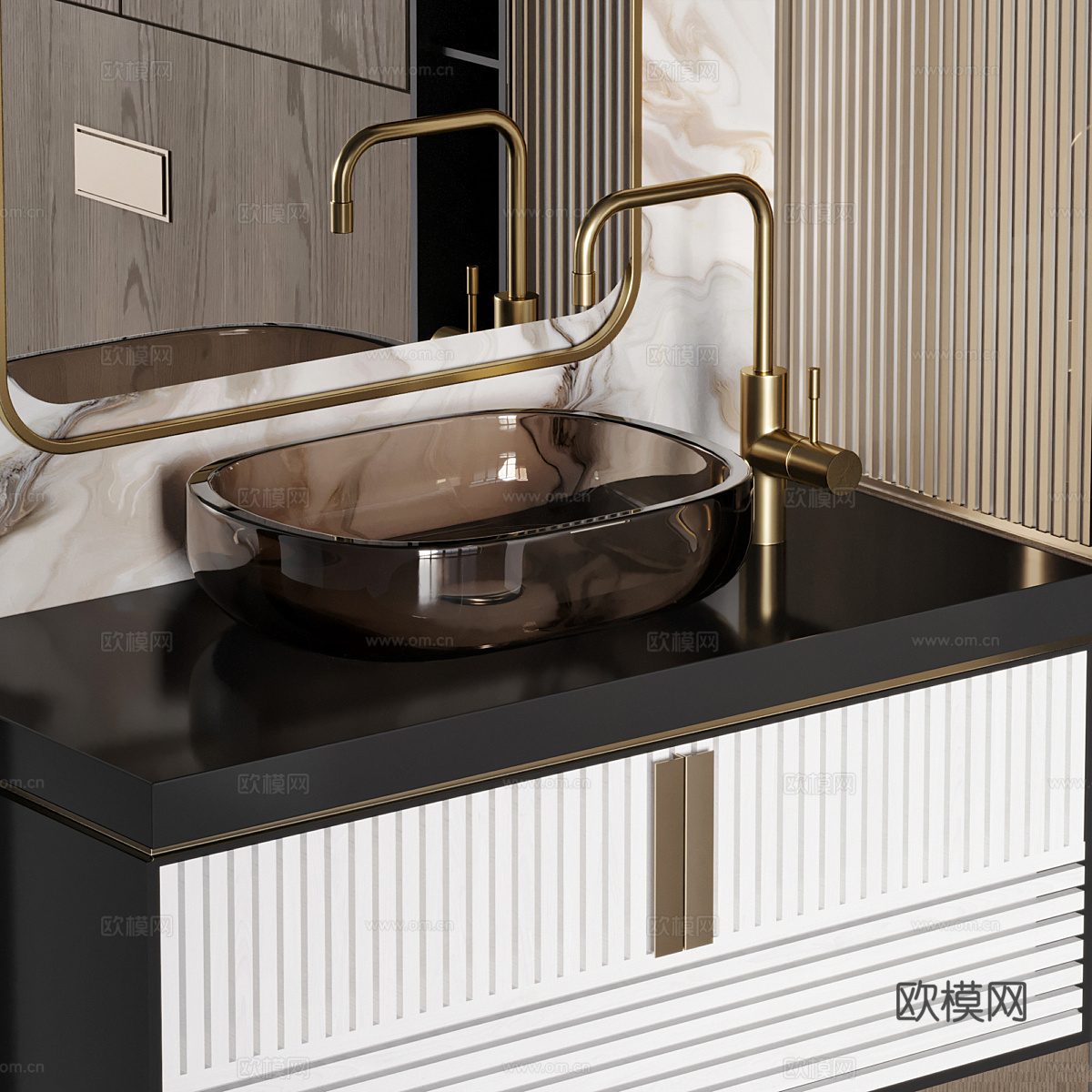 新中式轻奢浴室柜 台盆柜3d模型下载（渲染图3）