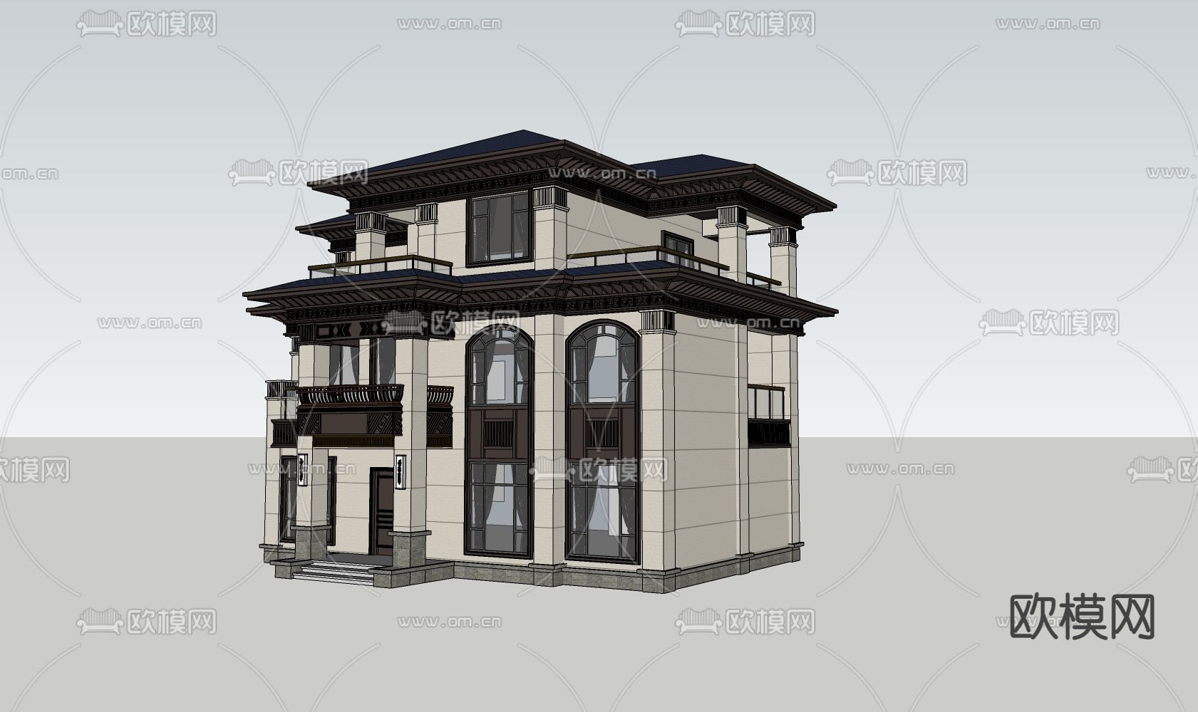 新中式独栋别墅su模型下载（渲染图1）