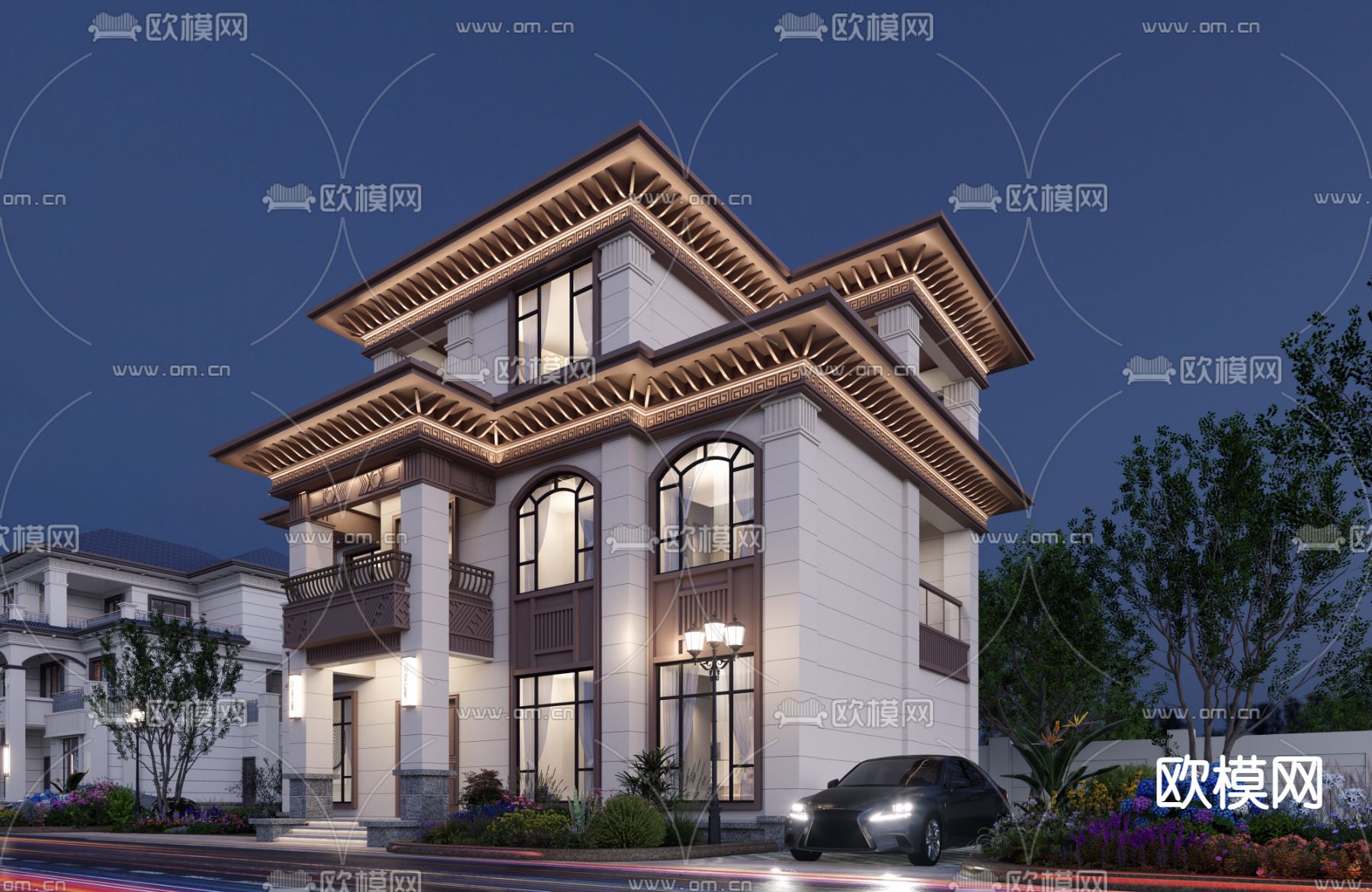 新中式独栋别墅su模型下载（渲染图2）