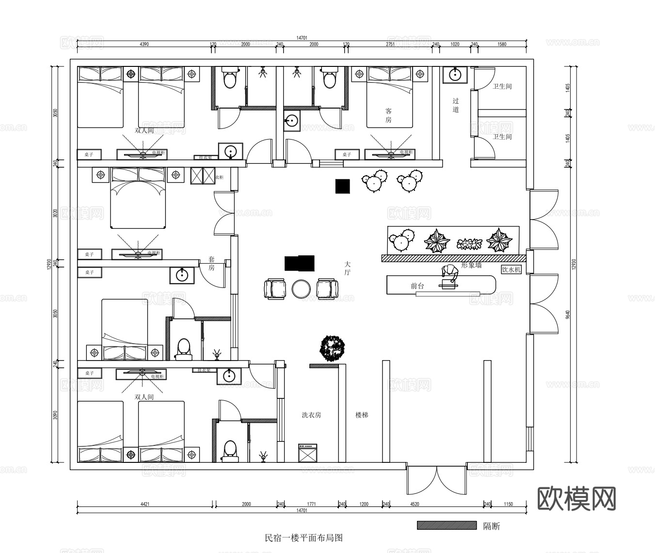 现代民宿 酒店 宾馆平面布局图 施工图cad施工图