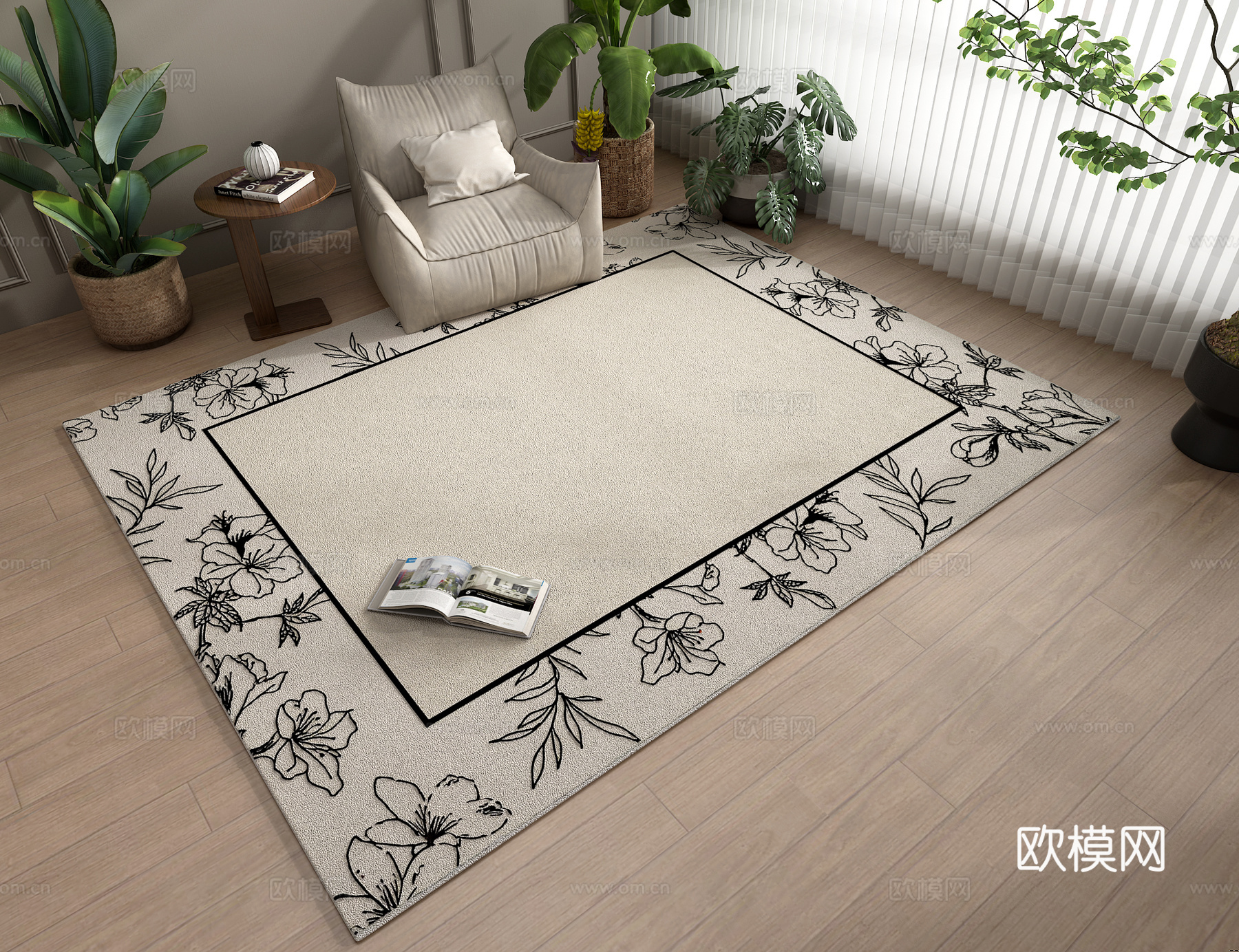 中古复古黑白植物花纹地毯3d模型