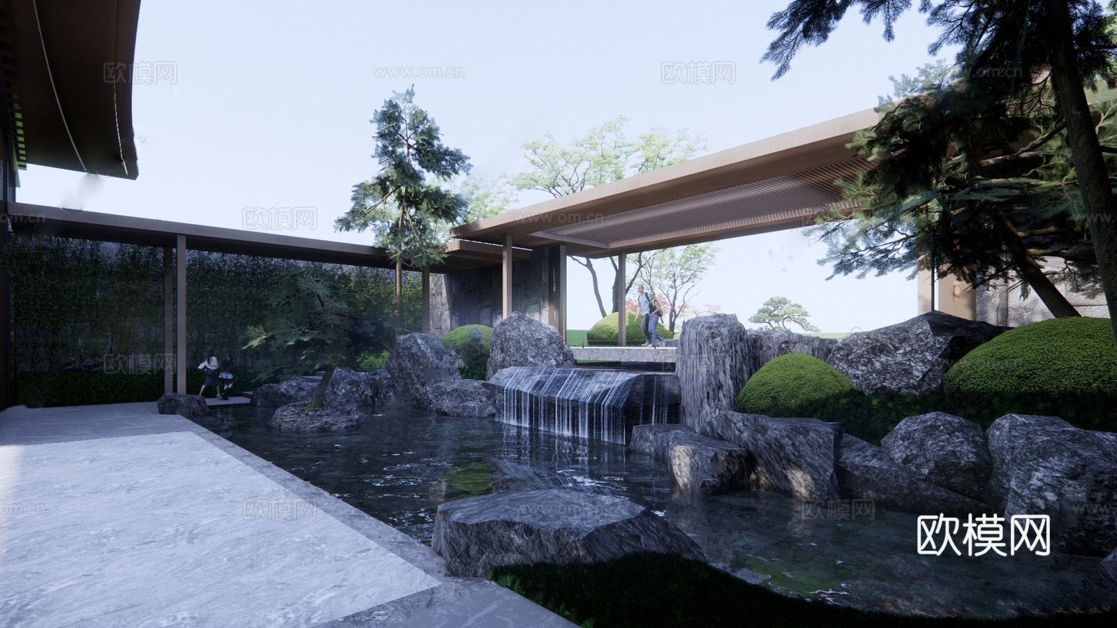 新中式示范区  庭院叠水景观su模型