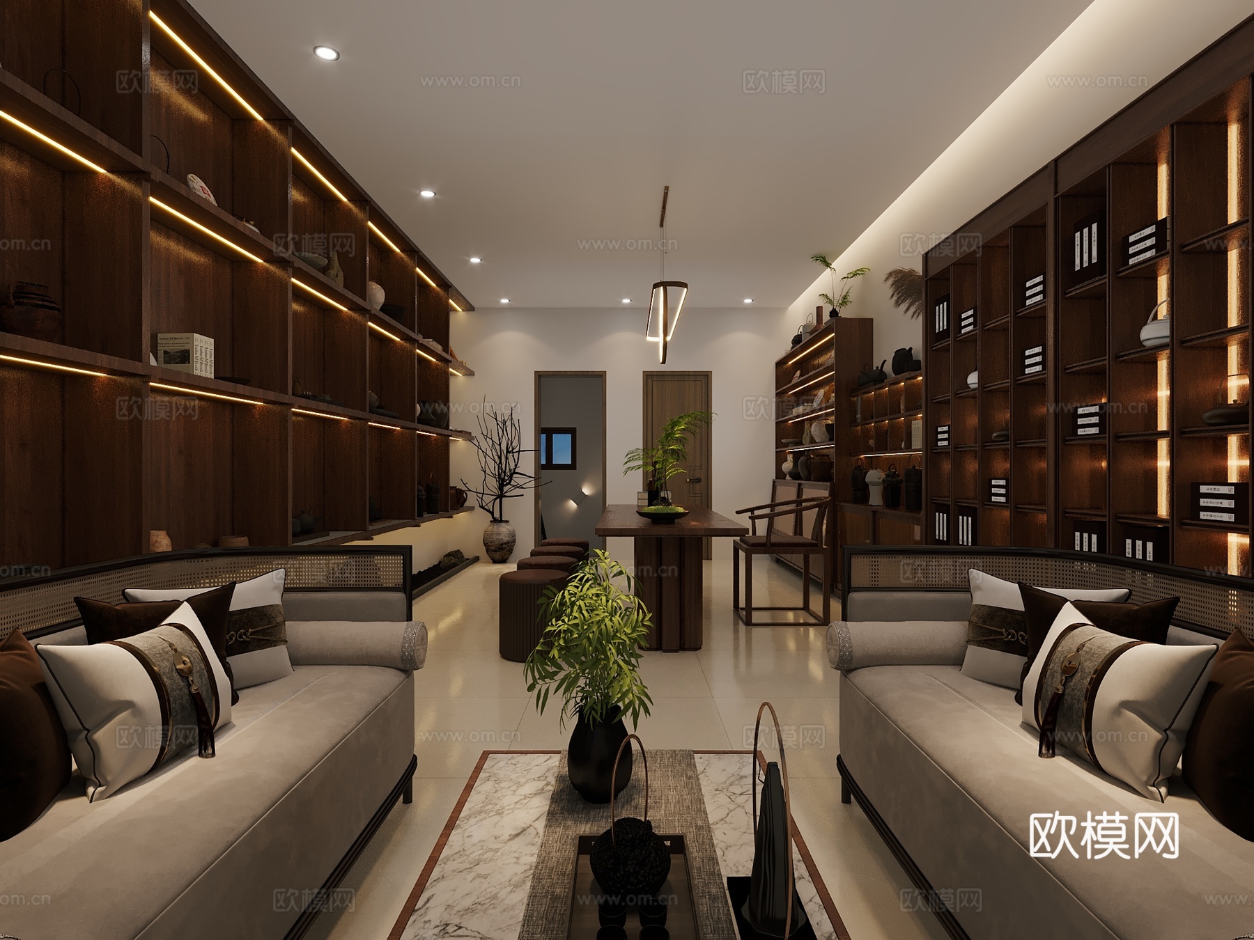 新中式茶室新中式接待室3d模型下载（渲染图1）