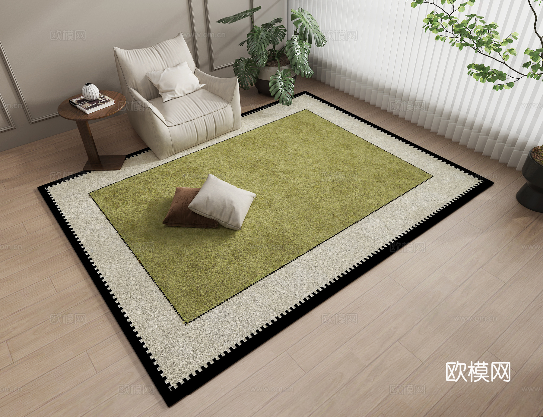 中古复古绿色系植物花纹地毯3d模型