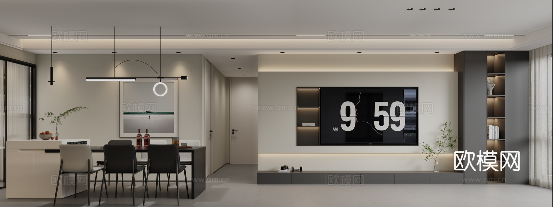 现代黑白灰客餐厅 现代沙发 现代餐桌 现代挂画 黑白灰酒柜3d模型