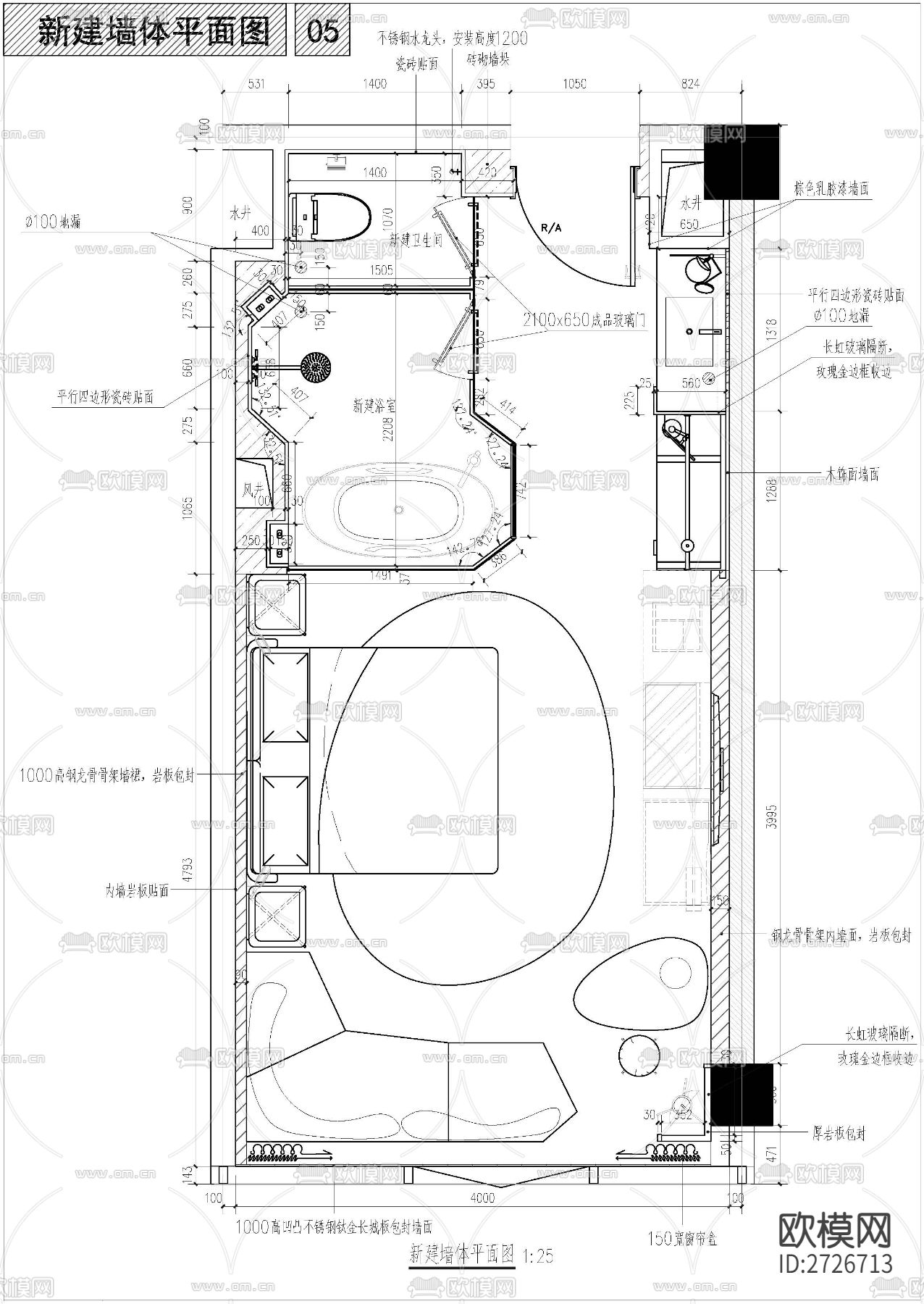 酒店标间cad施工图下载（渲染图1）