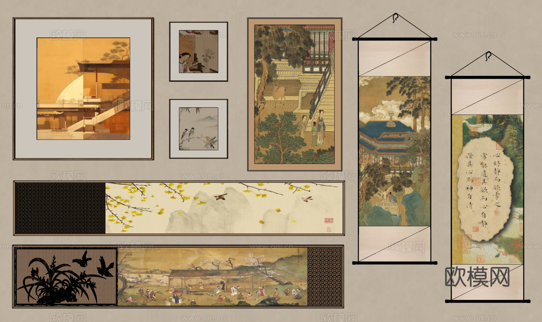 新中式挂画 宋氏中古风挂画 长条挂画 横向挂画 挂画组合su模型