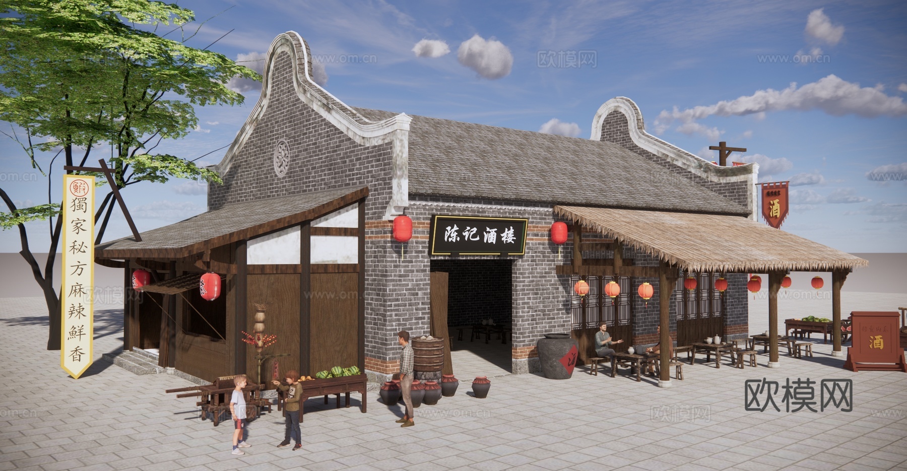 中式 古建 餐饮建筑古镇酒楼酒馆餐饮快餐店su模型