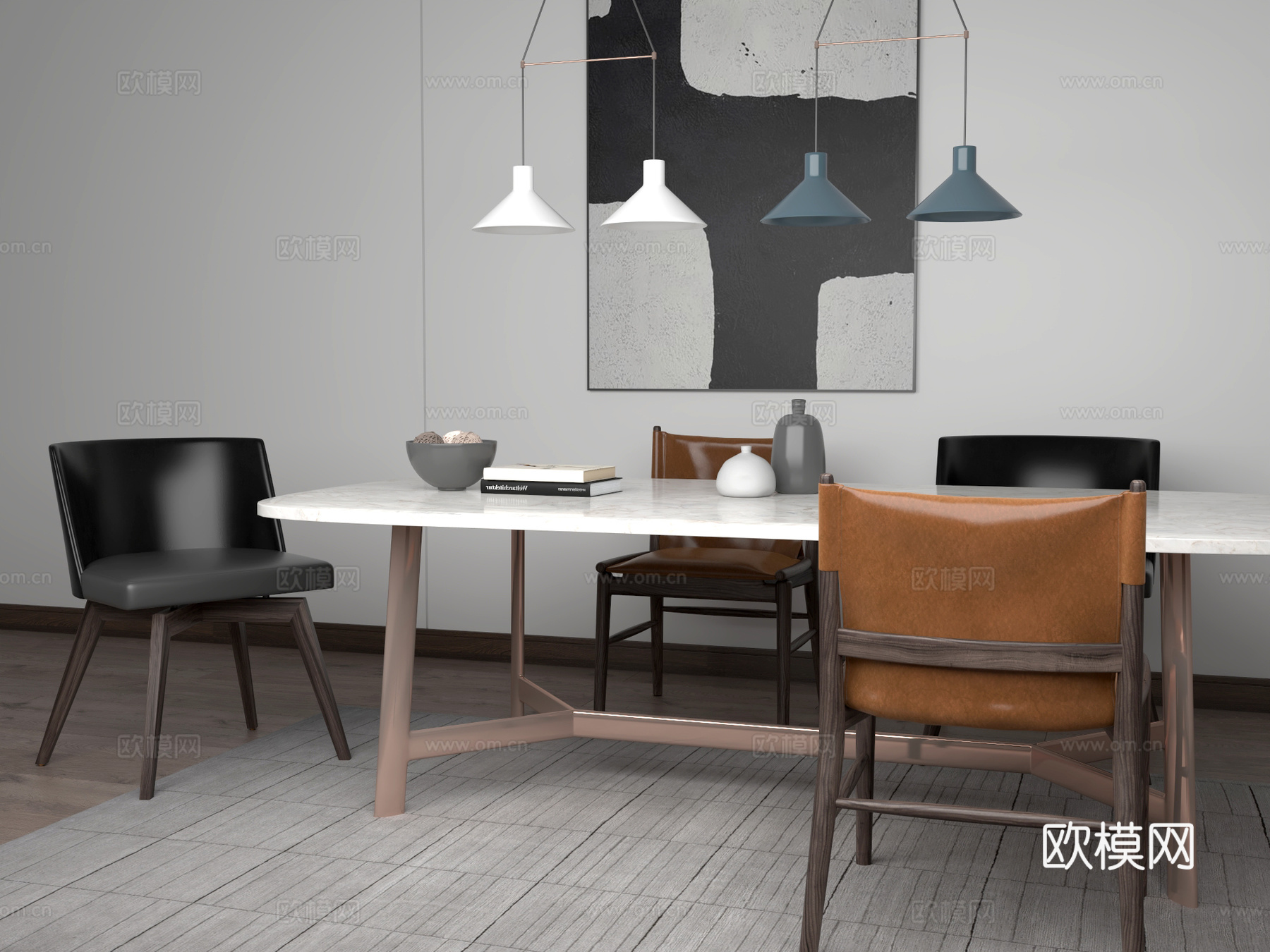 新中式 桌椅 桌子 椅子 餐桌3d模型下载（渲染图1）