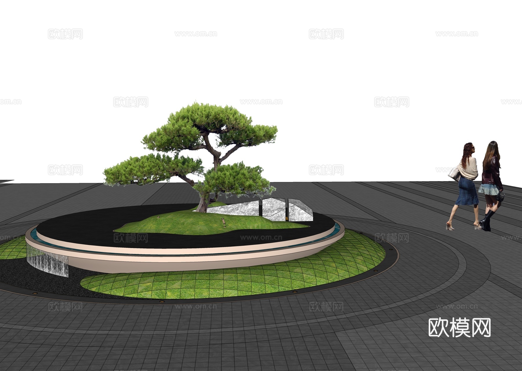 现代水景 小区入口铺装广场 绿化水景su模型