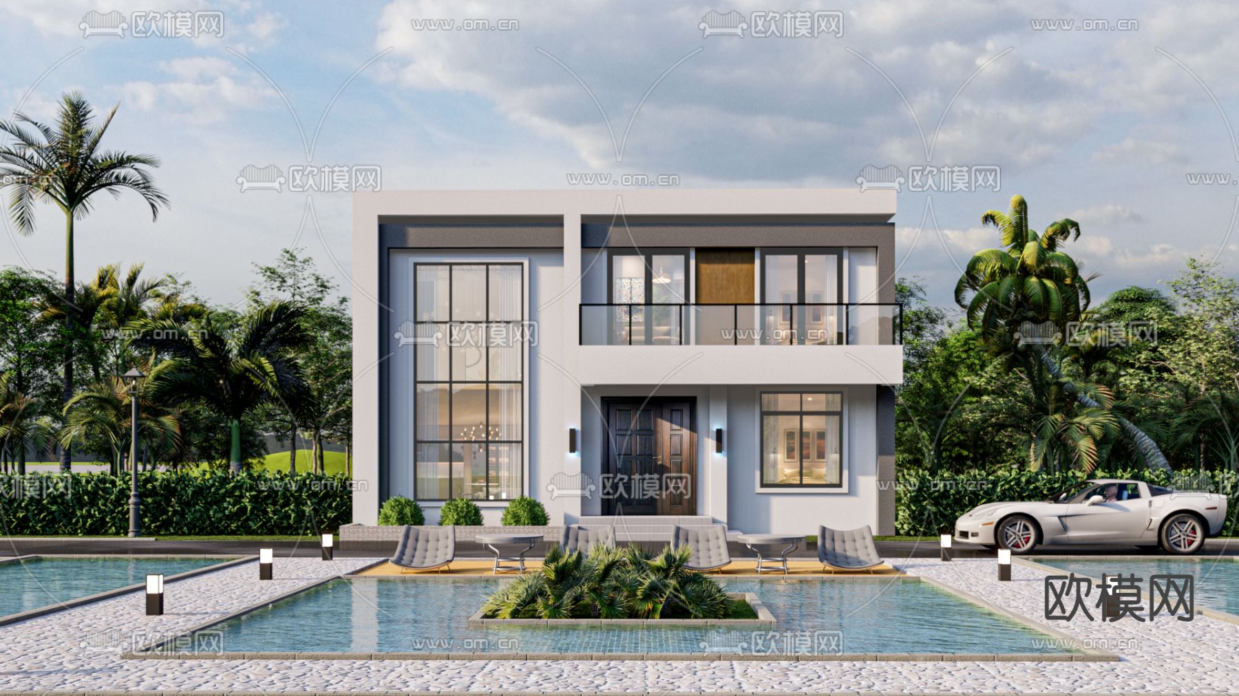 现代别墅外观su模型下载（渲染图2）