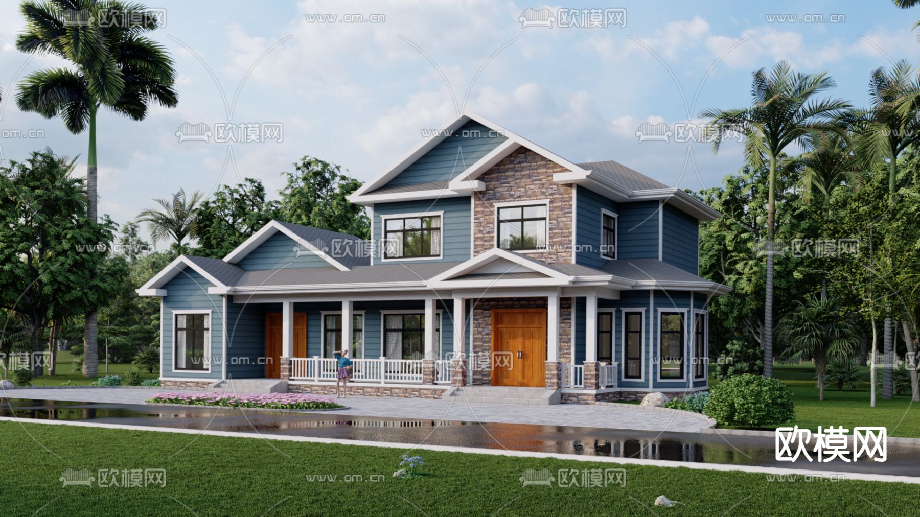 美式别墅外观su模型下载（渲染图2）