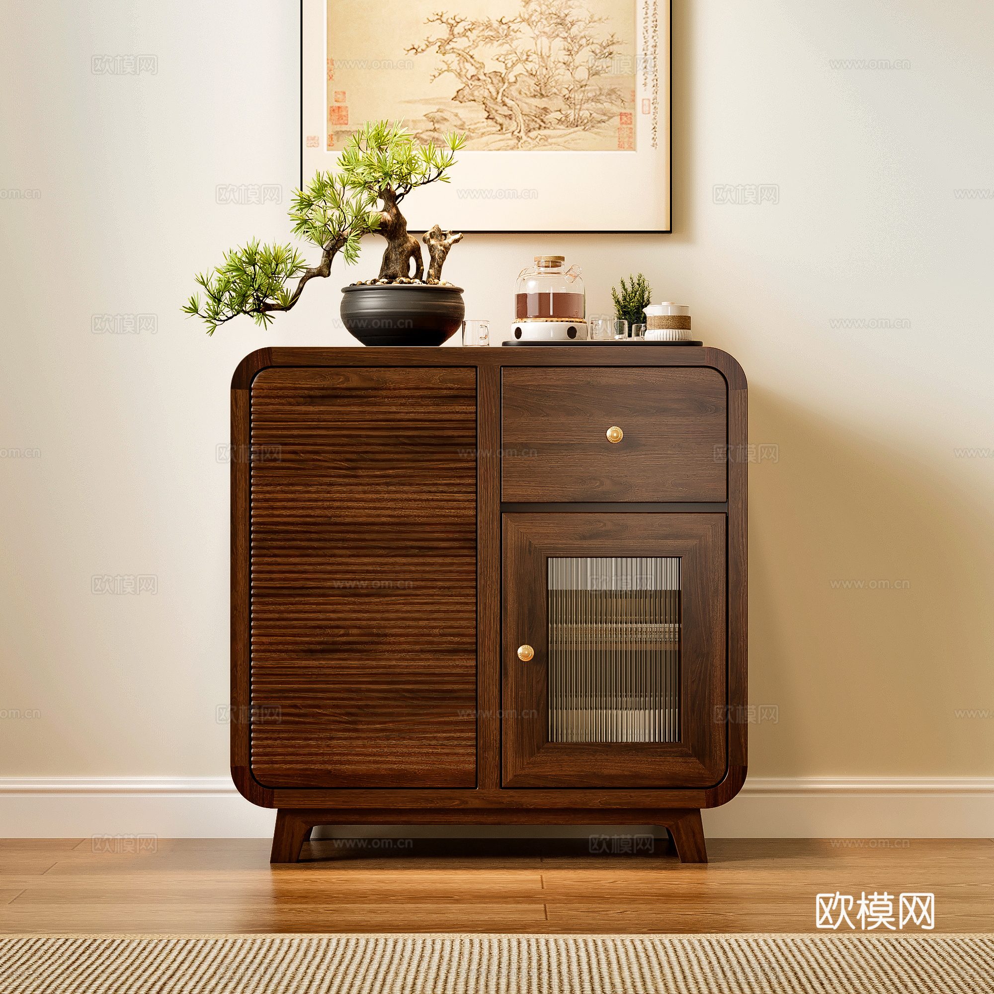 新中式边柜茶水柜su模型