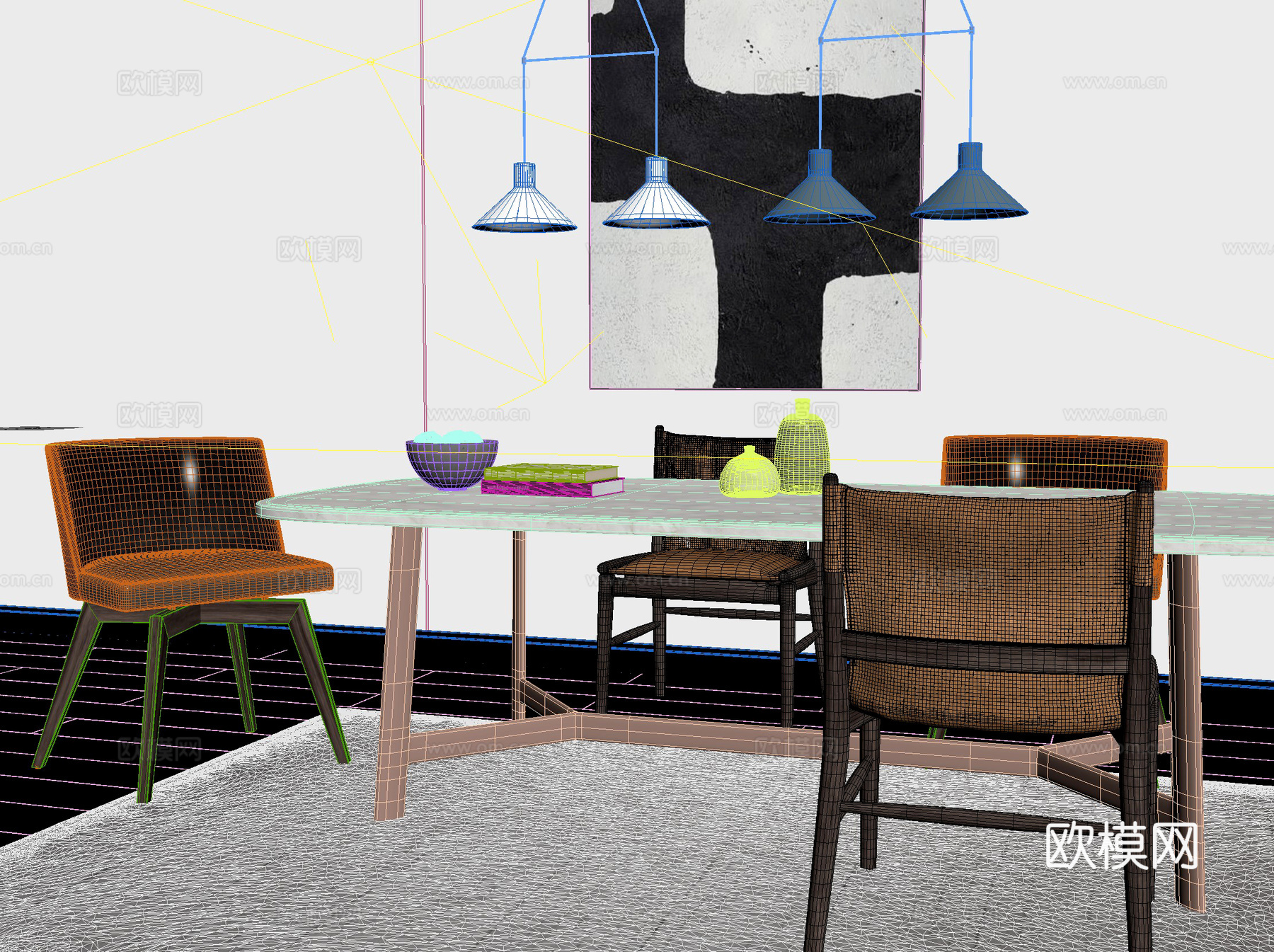 新中式 桌椅 桌子 椅子 餐桌3d模型下载（渲染图2）