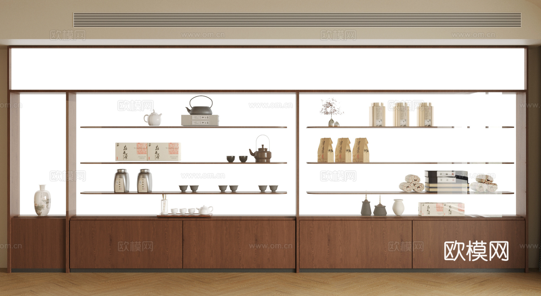 新中式茶柜 轻奢茶叶柜 茶具柜 茶壶茶具摆件组合 发光灯箱3d模型