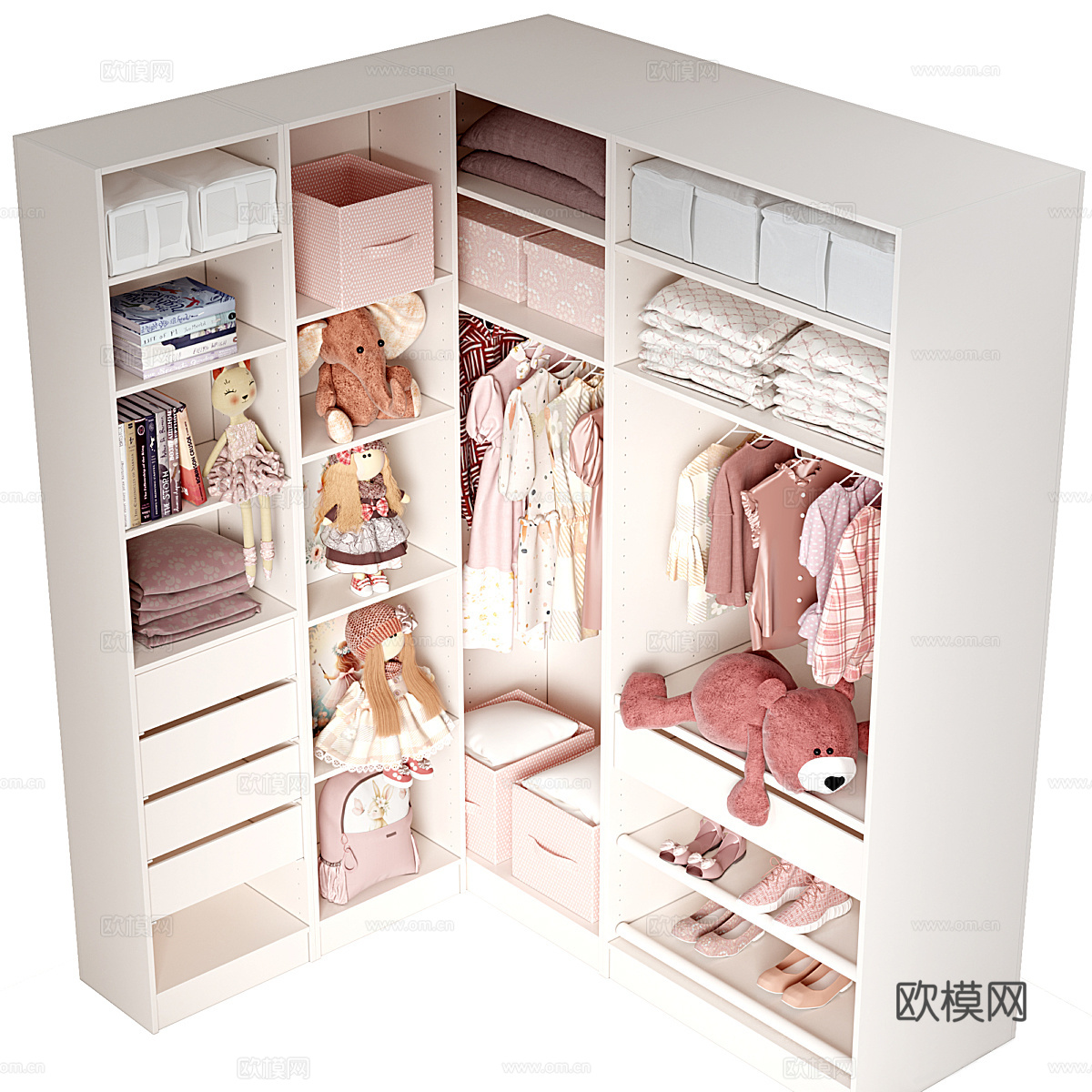 现代奶油风儿童转角衣柜3d模型