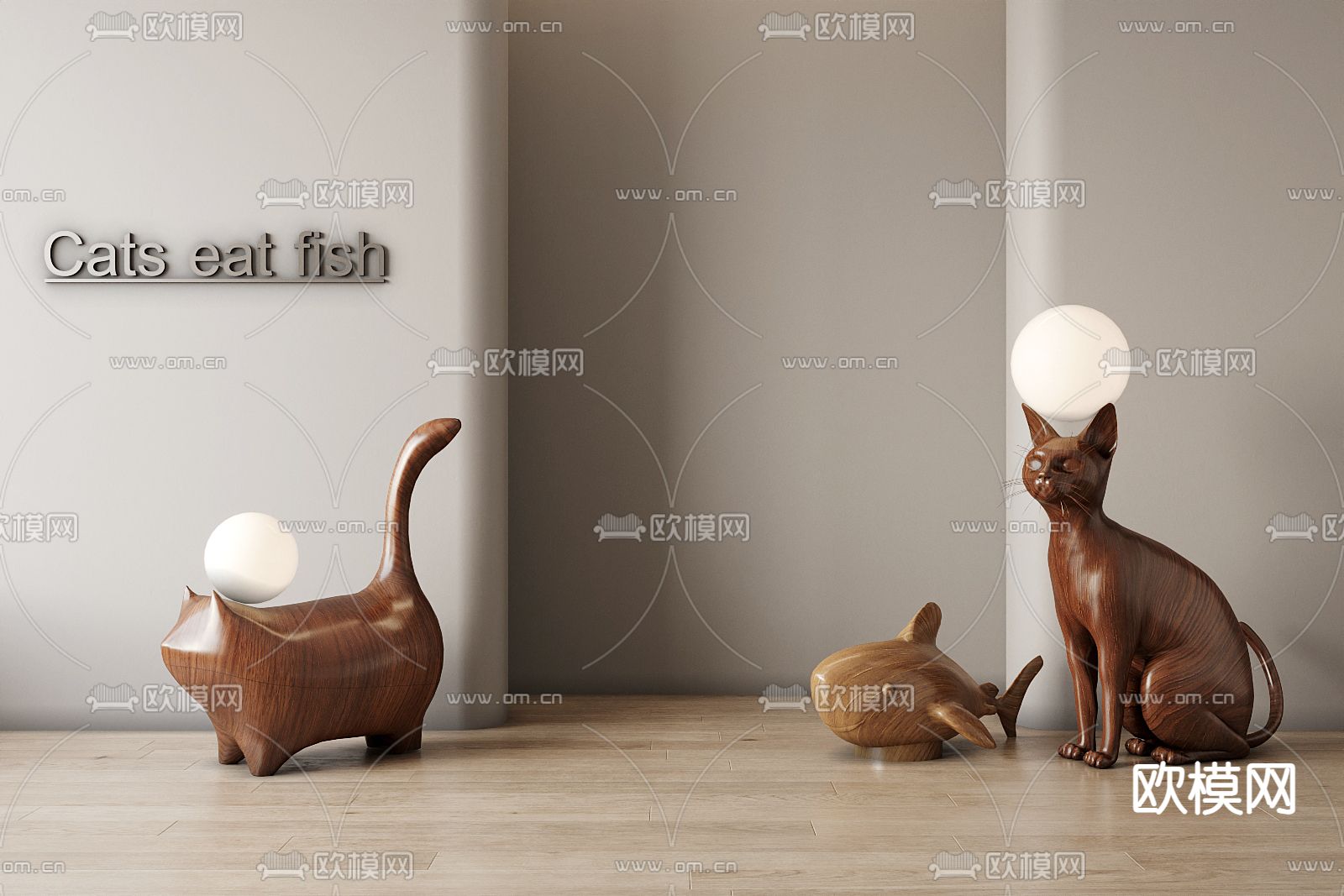 卡通雕塑 猫吃鱼公仔3d模型