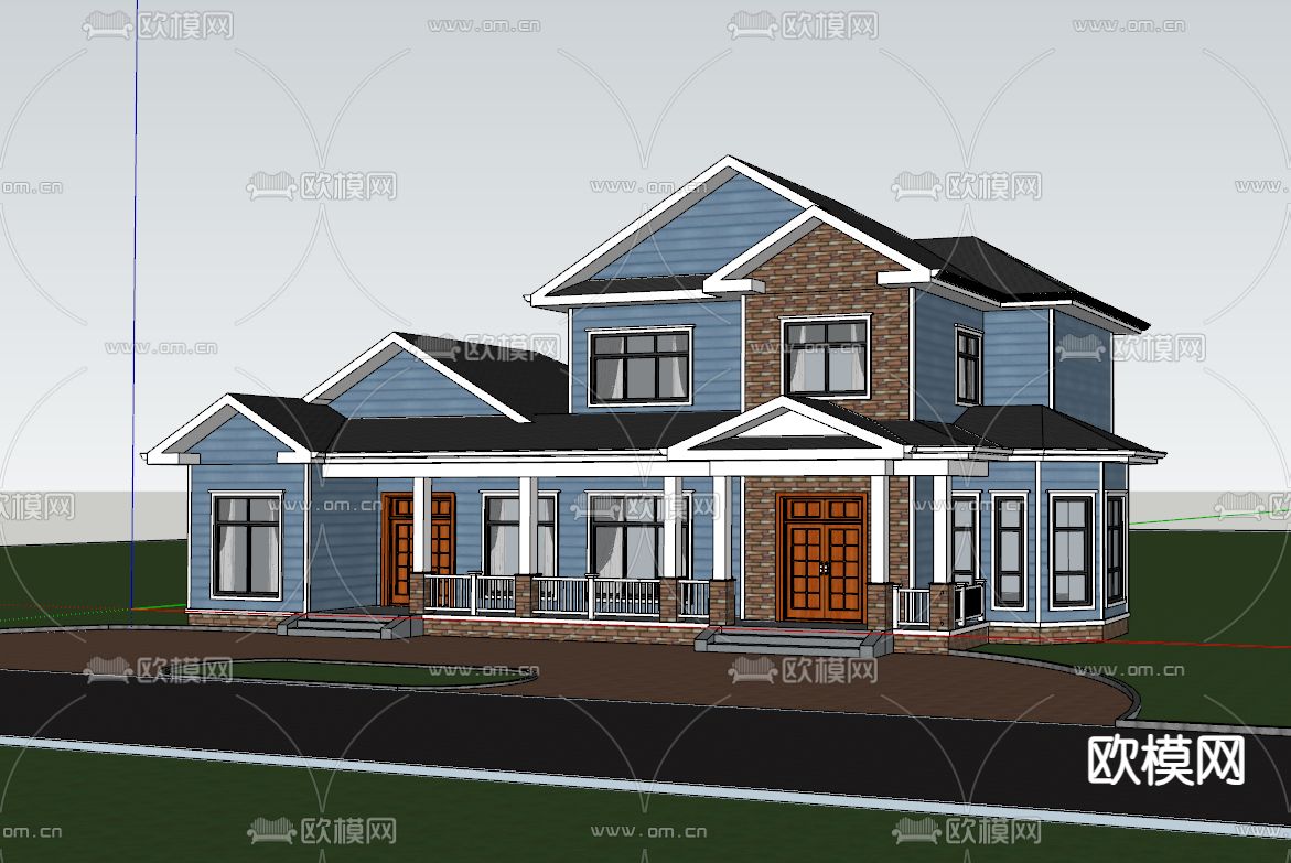 美式别墅外观su模型下载（渲染图1）