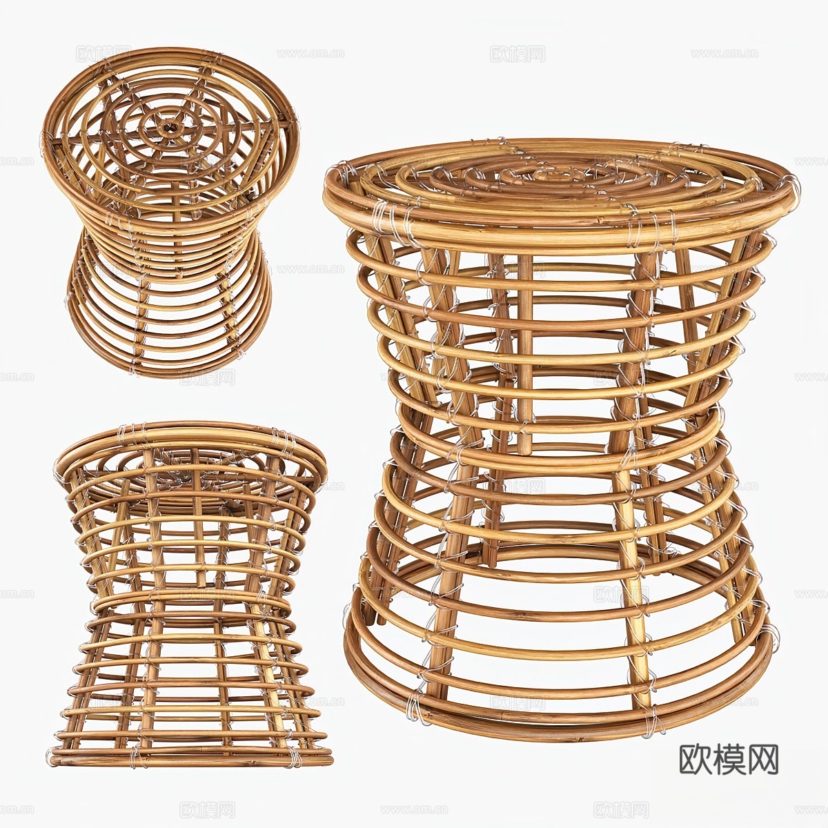 藤编咖啡桌与藤编凳3d模型