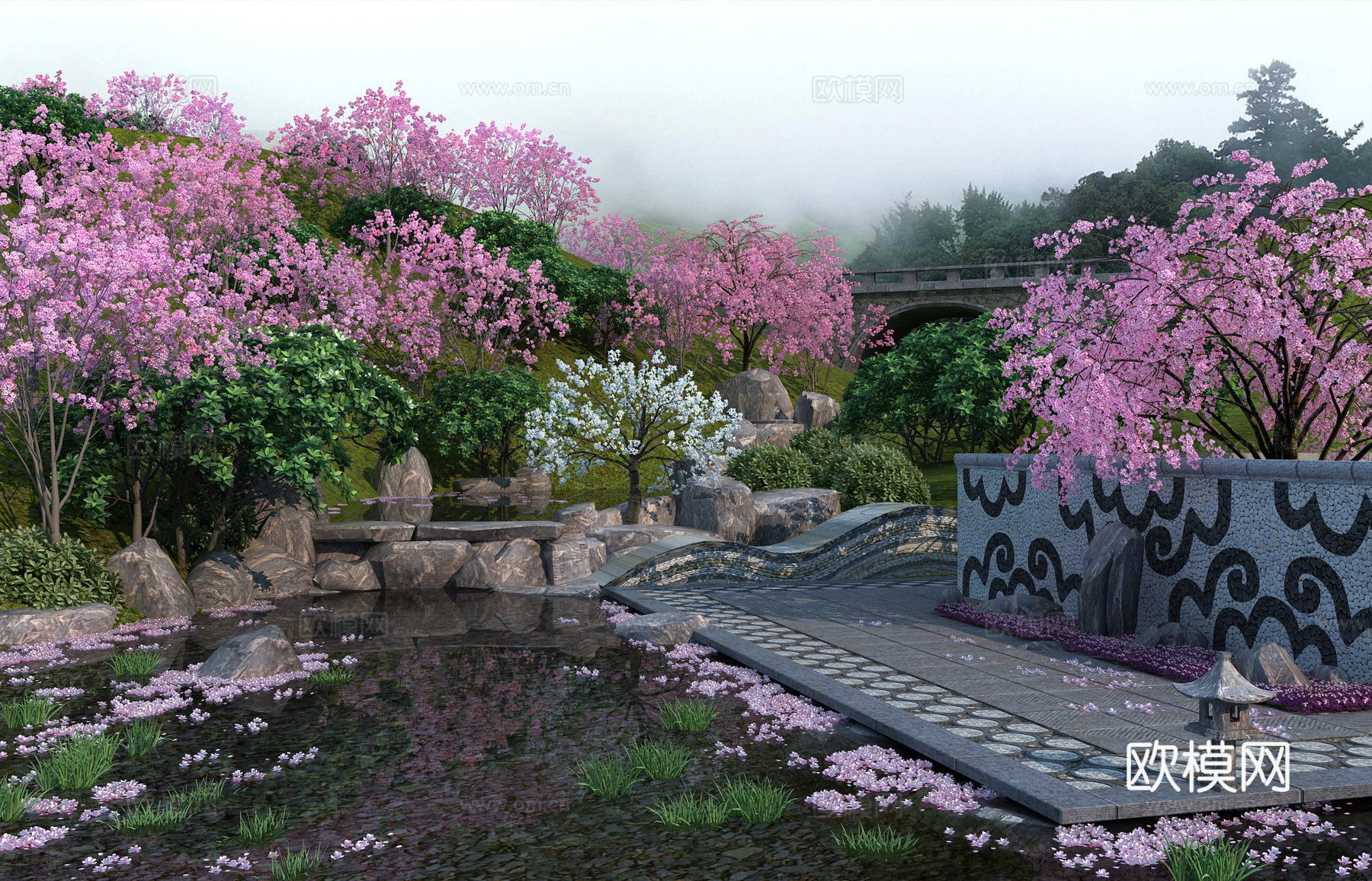 中式樱花谷 园林景观 中式园林 花草 灌木 海桐球 山樱3d模型