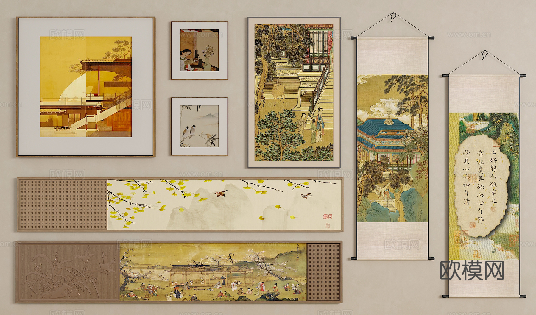 新中式挂画 宋氏中古风挂画 长条挂画 横向挂画 挂画组合su模型