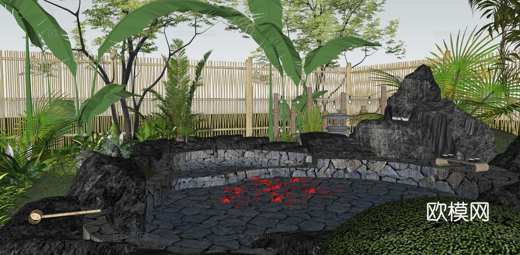 新中式 庭院 禅意温泉庭园花园 花瓣温泉水景 私汤泡池 户外su模型