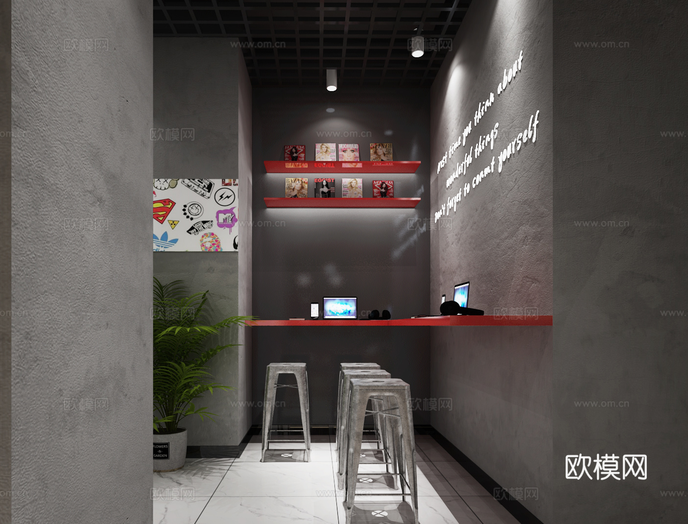 现代潮牌奶茶店 滑板 吧台 卡座 操作台3d模型