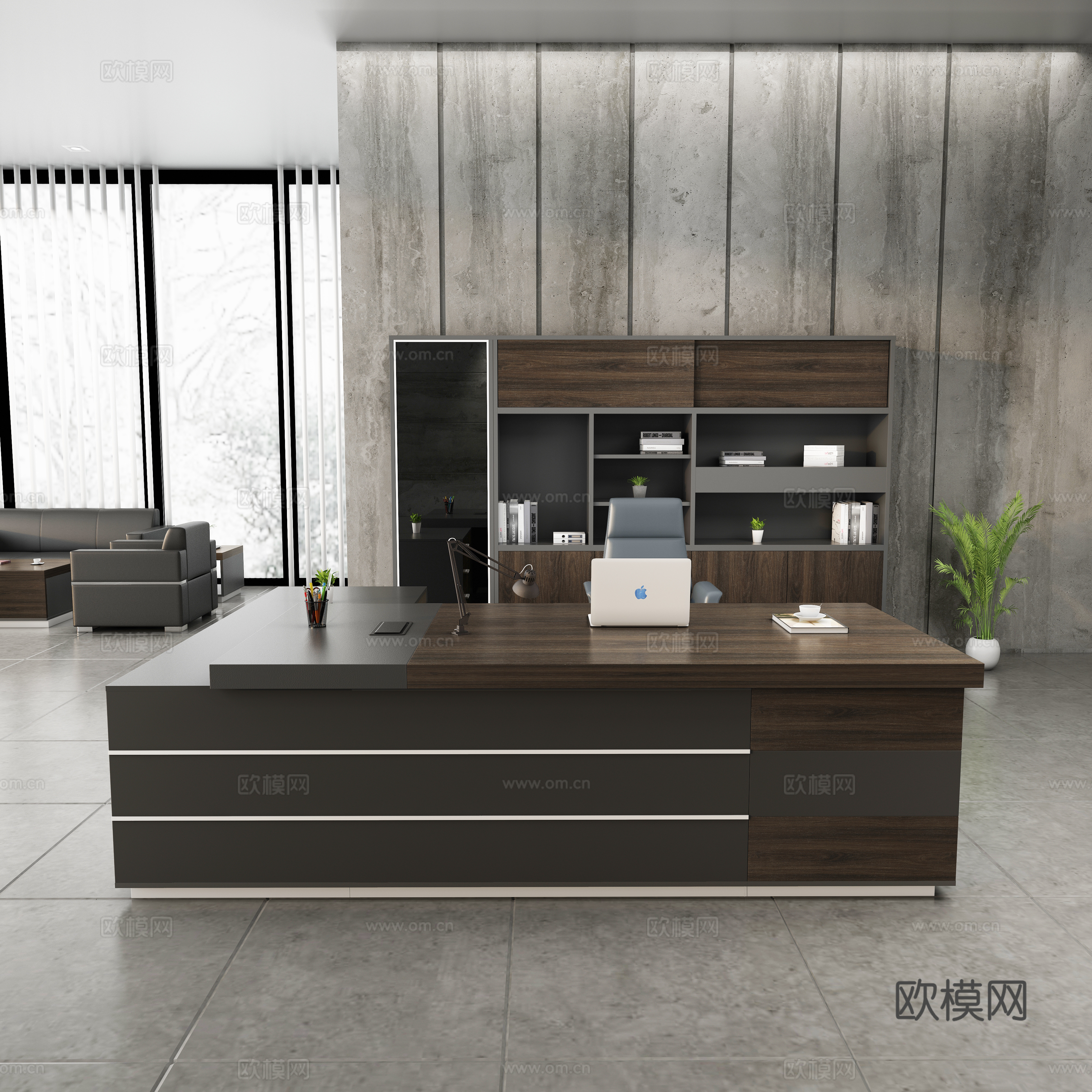 现代办公室经理室 主管室 深色木纹老板桌 真皮办公椅 文件柜3d模型